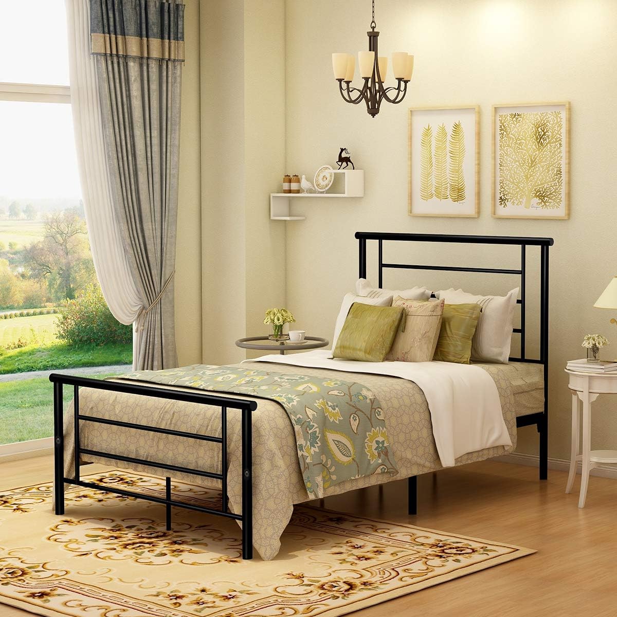 BOFENG Bed Frame Twin Size with Headboard and Footboard Storage Mattress Foundation Metal Platform Heavy Duty Slat Support Box Spring Replacement Bed