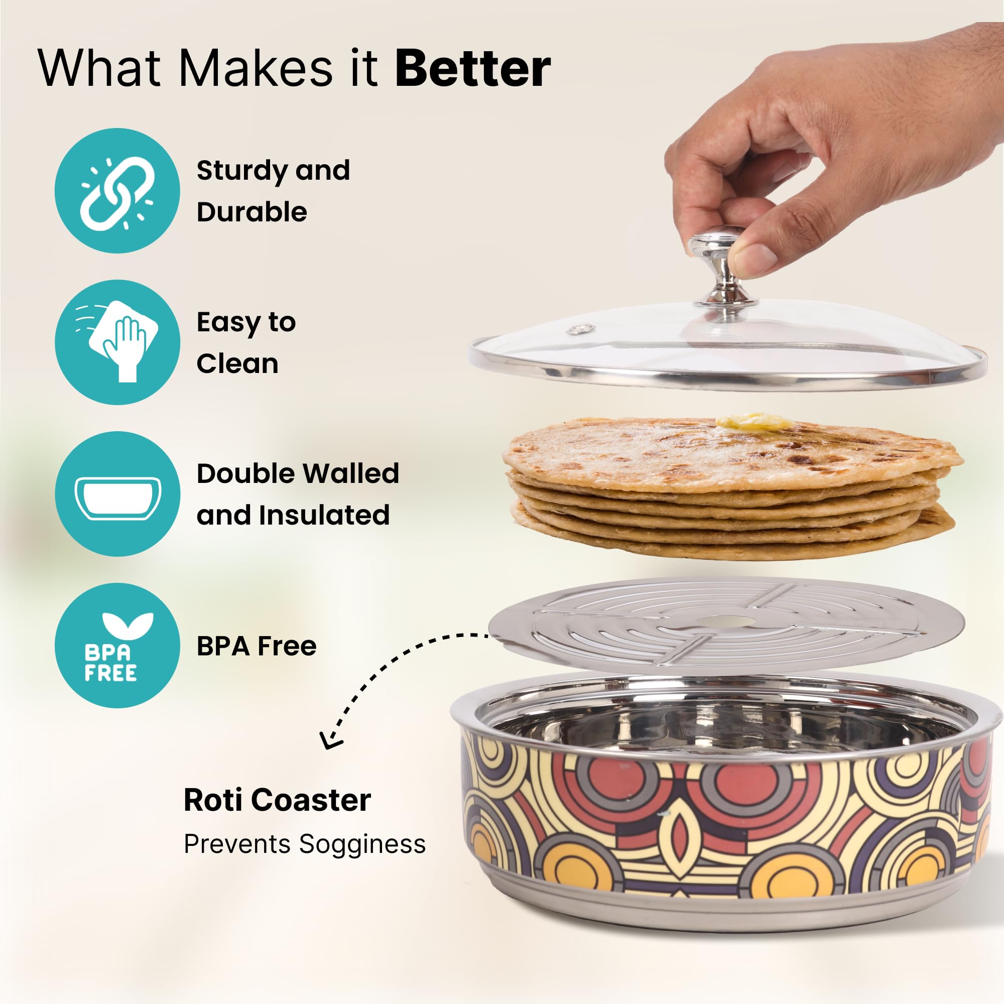 The Better Home Cacerola aislada de acero inoxidable para Roti (1,5 L) | Cajas calientes para cocina | Juego de cuencos para servir | Artículos de regalo de cocina | Caja de almacenamiento Roti | Caja