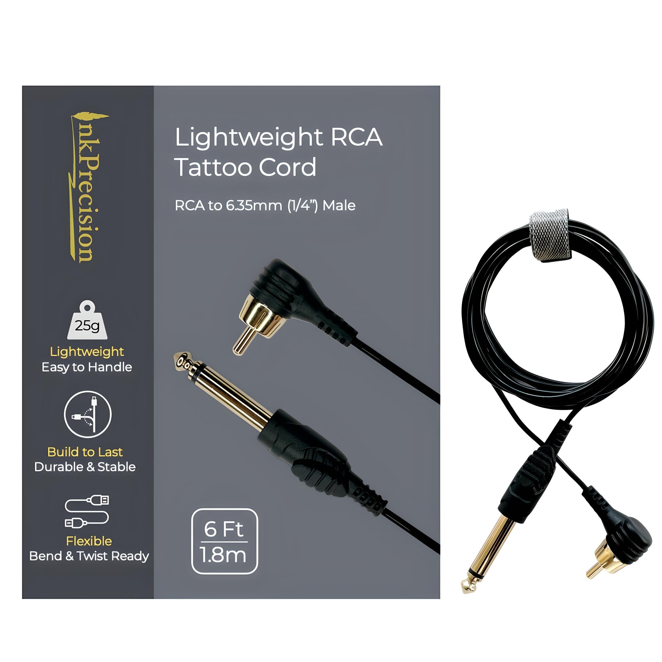 InkPrecision Lightweight RCA Tattoo Clip Cord - 90 Degree RCA to 6.35mm (1/4