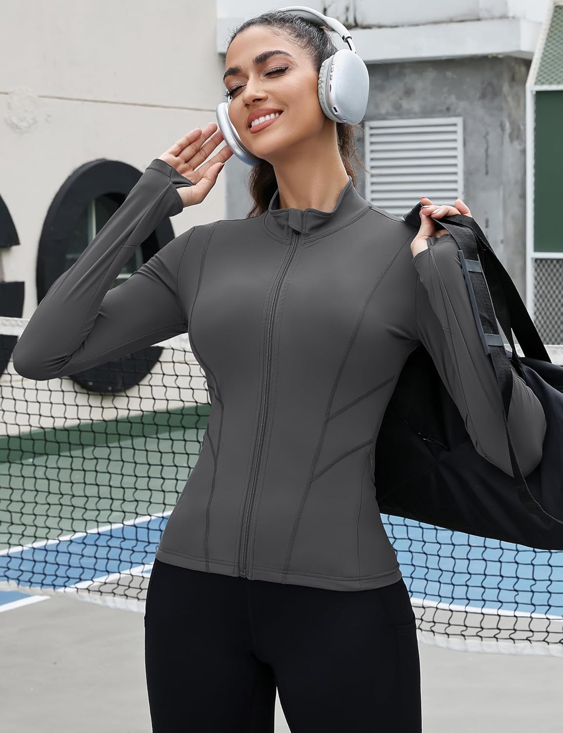 Rapbin Women's Slim Fit Workout Jackets Full Zip Long Sleeve Running Athletic Tops Yoga Shirts with Thumb Holes - Image 2