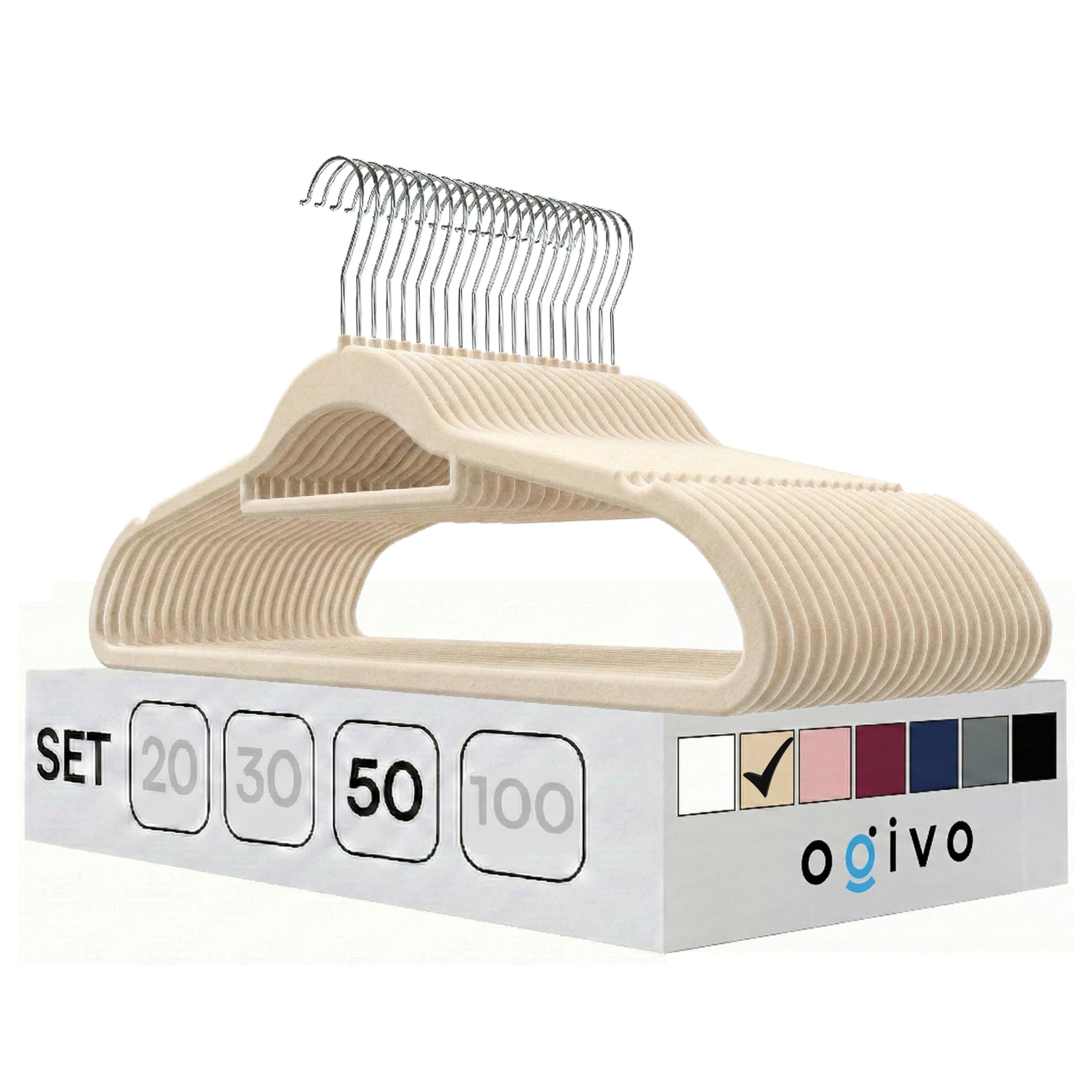 OGIVO Kleiderbügel Samt – 50er Set Hosenbügel rutschfest Bügel aus Samt für Ihre Garderobe – Samtkleiderbügel 360° drehbarer Haken Krawattenhalter & Schulterkerben – Hangers Clothes (Beige)