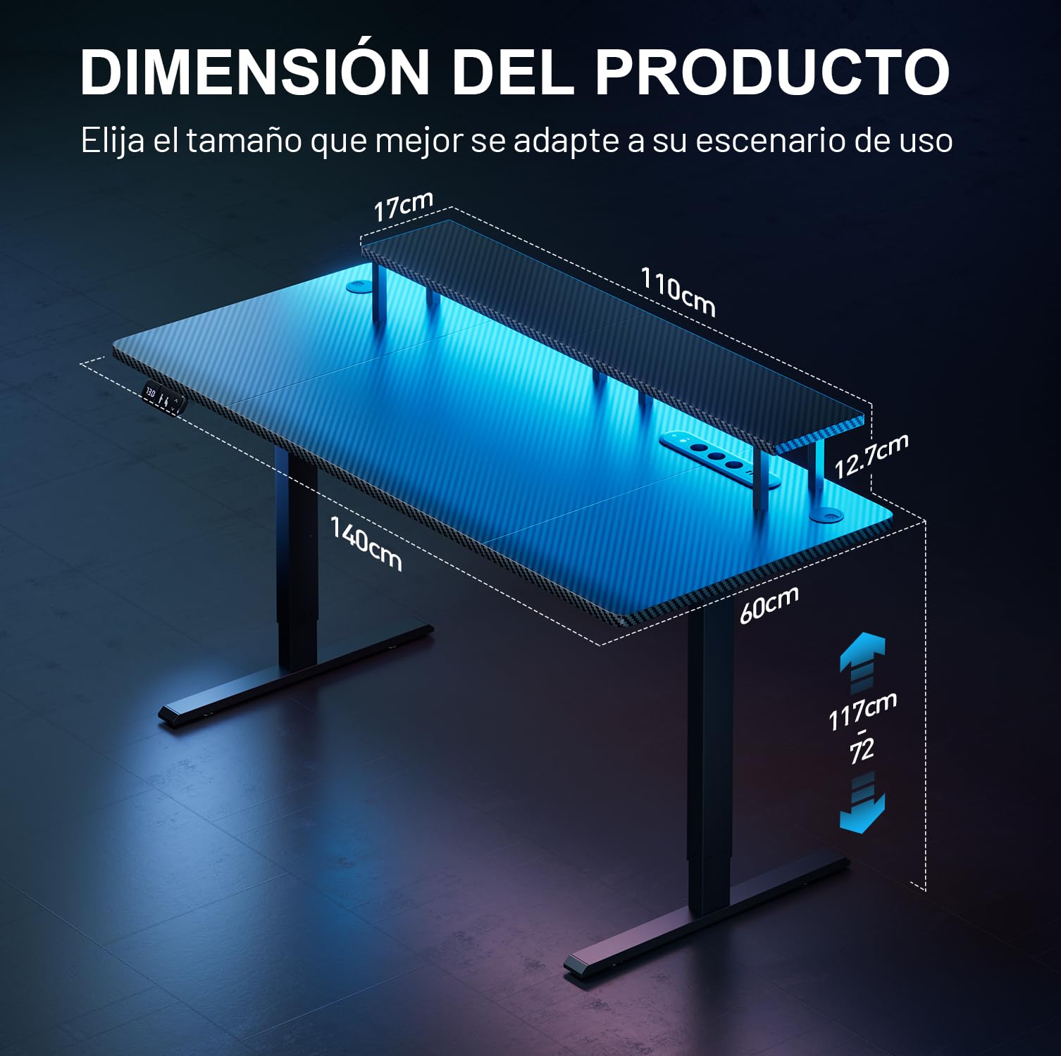 HLFURNIEU Scrivania Gaming LED 140 x 60 cm, Scrivania Regolabile in Altezza con Prese & Porte USB, Tavolo Gaming con Supporto per Monitor, 2 Controlli Memoria, Postazione Gaming Nero