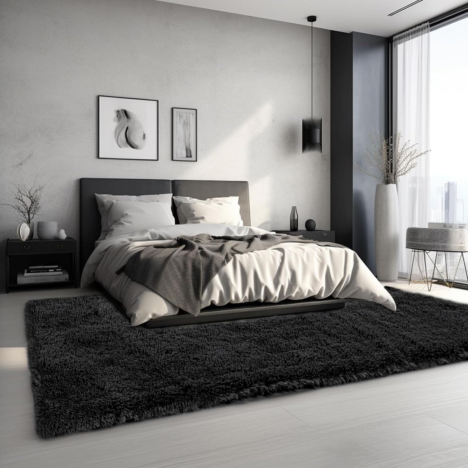 Alfombra para Salón 145 x 225 cm Fácil de Limpiar, No Se Desprenden, Antideslizante Esponjosas Tapete Sala Alfombra Salón Moderno para O Dormitorio, Negro
