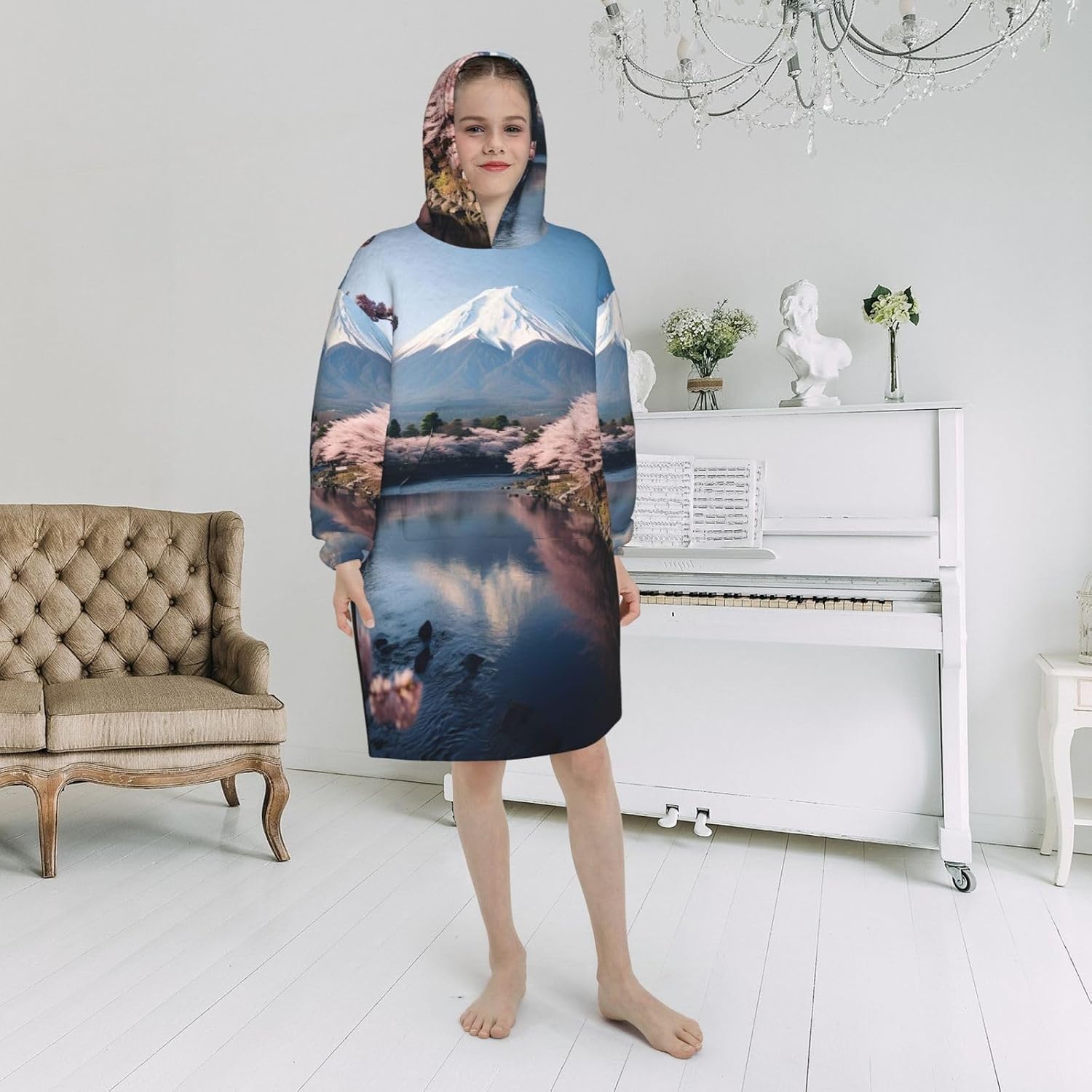 Japan Mount Fuji Landscape Print Oversized Blanket Hoodie, Wearable Blanket Hooded,Hooded Pullover With Pocket