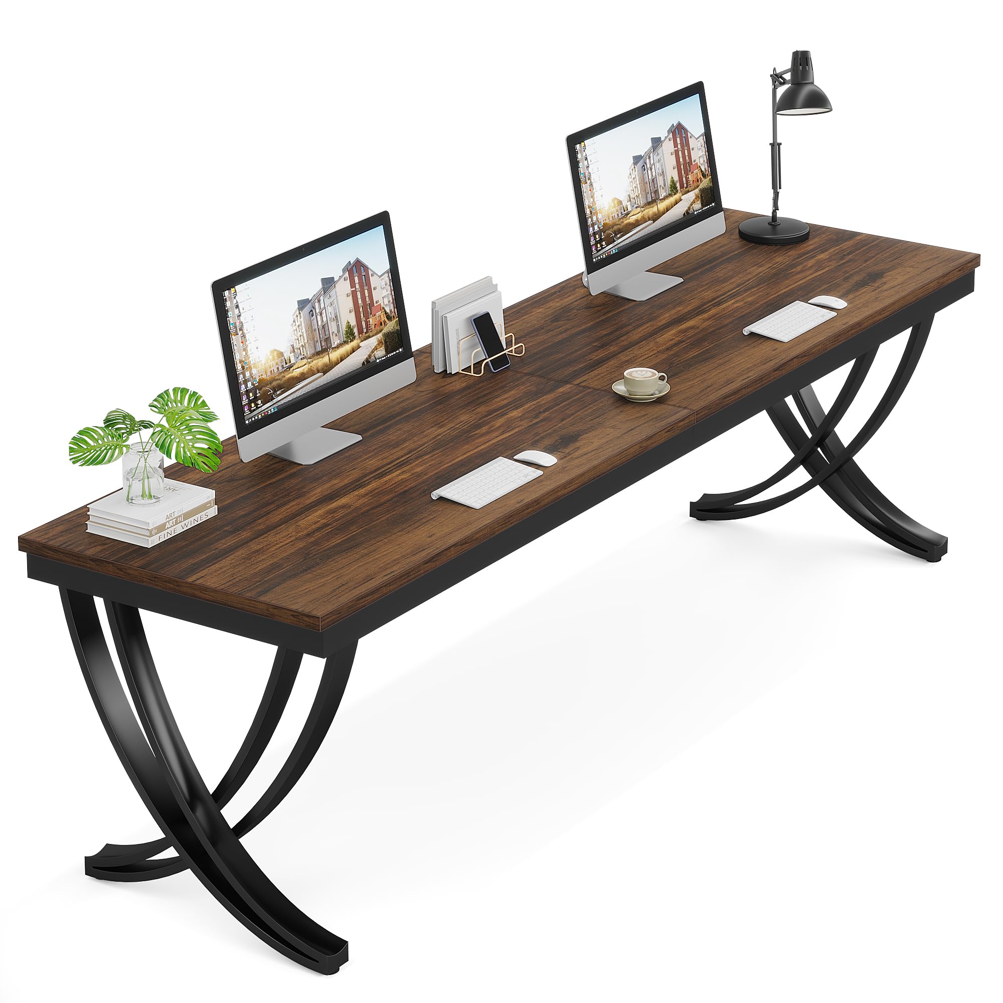 LITTLE TREE 2 Person Computer Desk, 78.7-Inch Extra Long Executive Desk, Large Office Desk for Two People, Wooden Double Writing Desk Study Table for