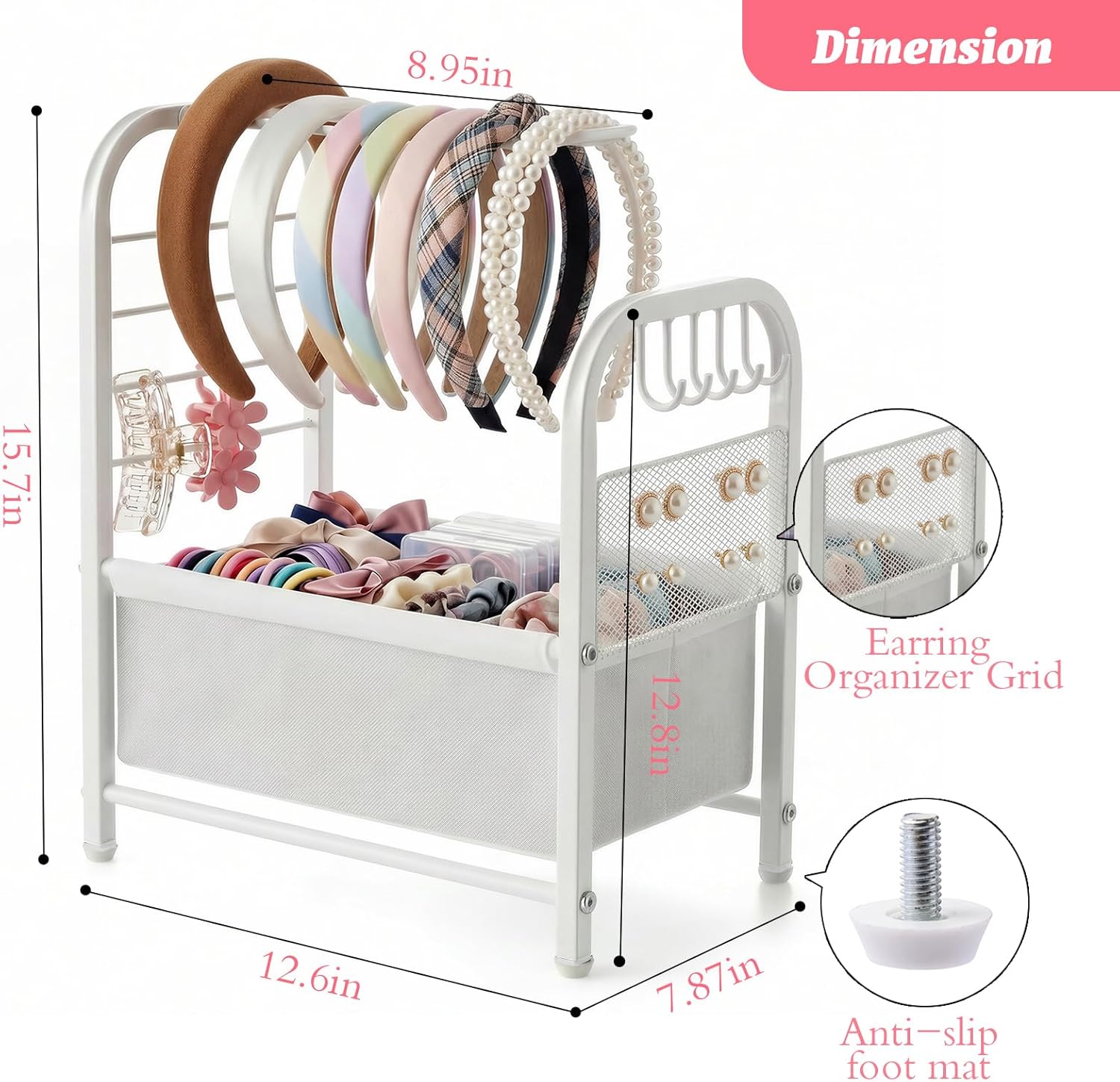 Headband Holder Stand, Metal Hair Accessories Organizer with Divided Storage Box, for Headbands, Hair Ties, Clips & Earrings