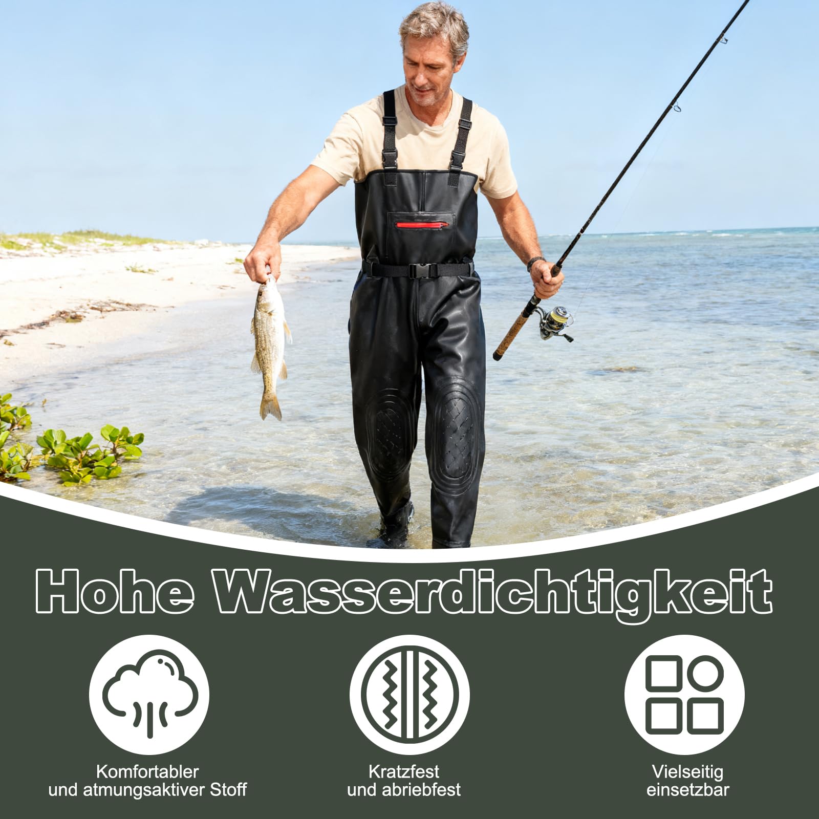 Wathose Herren wasserdicht Anglerhose, Verstärkte PVC-Anglerbekleidung mit Anti-Rutsch-Sohle Gr. 43-46, fällt klein aus bitte größer bestellen, Verstellbare Schulterträger, Angeln, Farmarbeit, Outdoor