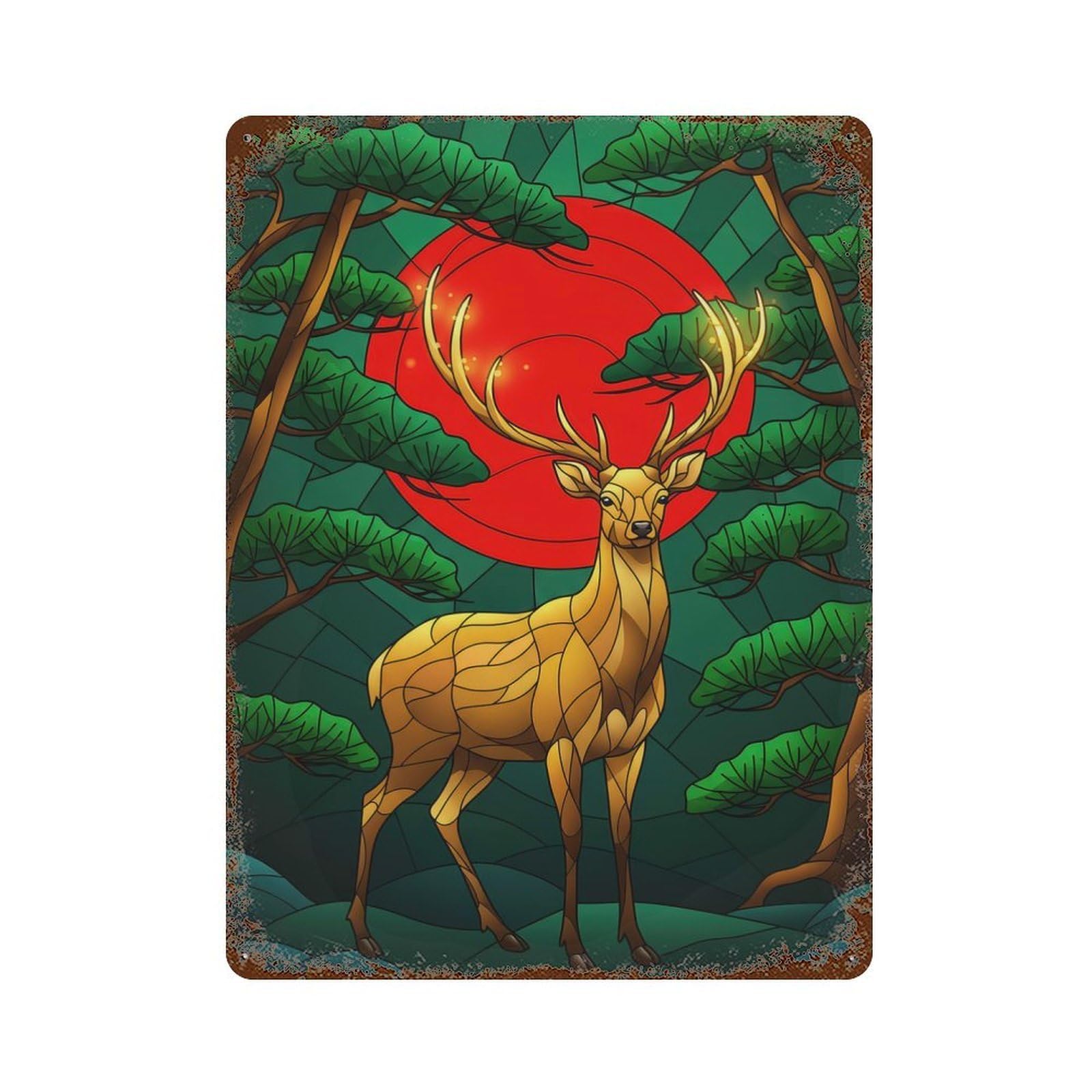 Garage Style Stained Glass Deer in Forest Rust Effect Tin Sign 15.7"x11.8", Farmhouse Wall Decor for Bar And Workshop