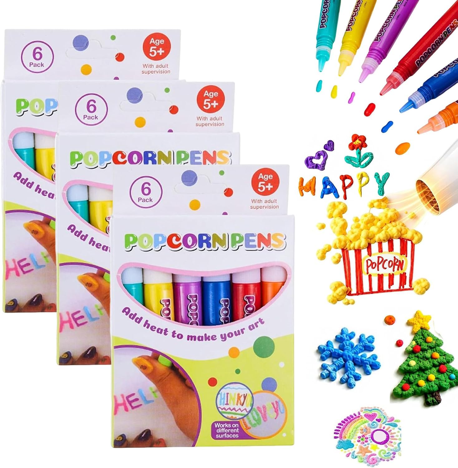3D Magic Popcorn Pens, DIY Bubble Popcorn Drawing Pen, 3D Magic Popcorn Pens create raised artwork with colorful designs for creative crafts, DIY projects and decorations，3BOX