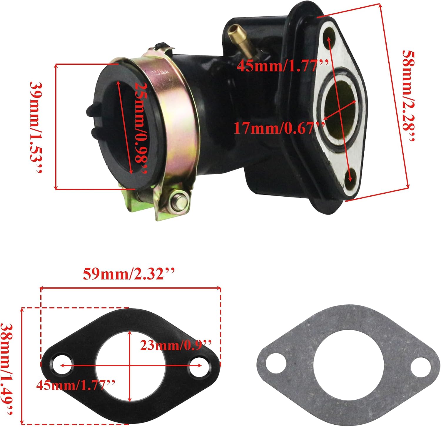 GY6 50cc Scooter Carburetor 17mm Intake Manifold Pipe | Inlet Pipe Gaskets 139QMB 139QMA Moped ATV Quad Go Kart Double Hose Ports