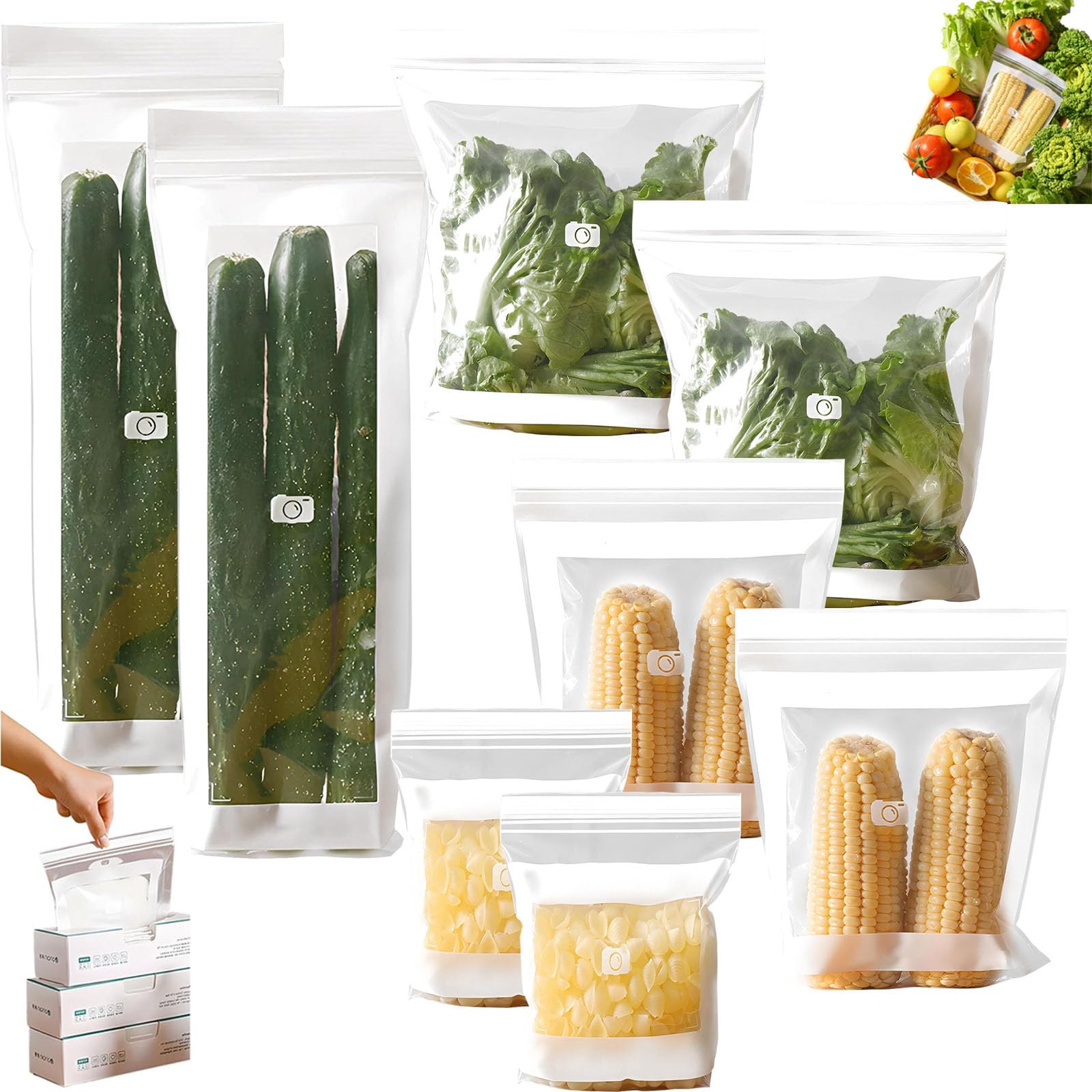 Food Grade Fresh-Keeping Bags, Reusable Freezer Bag with Label Zone, Fresh-Keeping Clear Plastic Sealed Packaging for Food Storage Bag (Combination-170 piece/8Box)