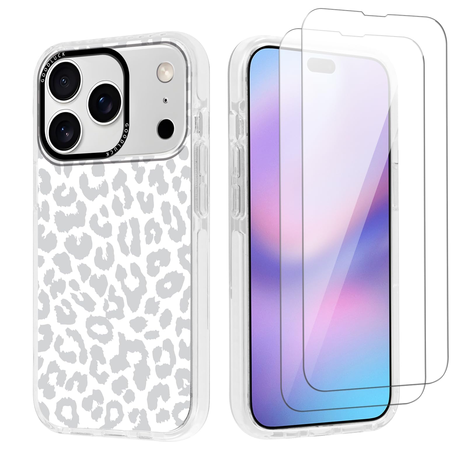Custodia per telefono con stampa ghepardo per IP 17 Pro Max da 6,9 pollici, con 2 pellicole protettive per lo schermo temperato, design leopardato, antiurto, in TPU, sottile, morbida
