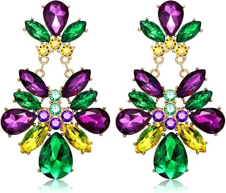 Mardi Gras Earrings for Women, Rhinestone Mardi Gras Accessory, Purple Green Gold Crystal Earrings Fat Tuesday Carnival Parade Party Jewelry Gifts