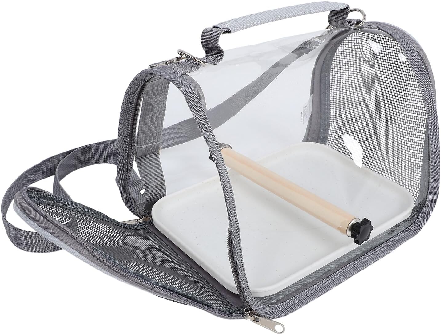 Small Bird Travel Carrier Cage with Wooden Perch, Portable Lightweight Bird Transport Bag for Parrots and Lizards, Compact Grey Travel Case for Outdoor Adventures