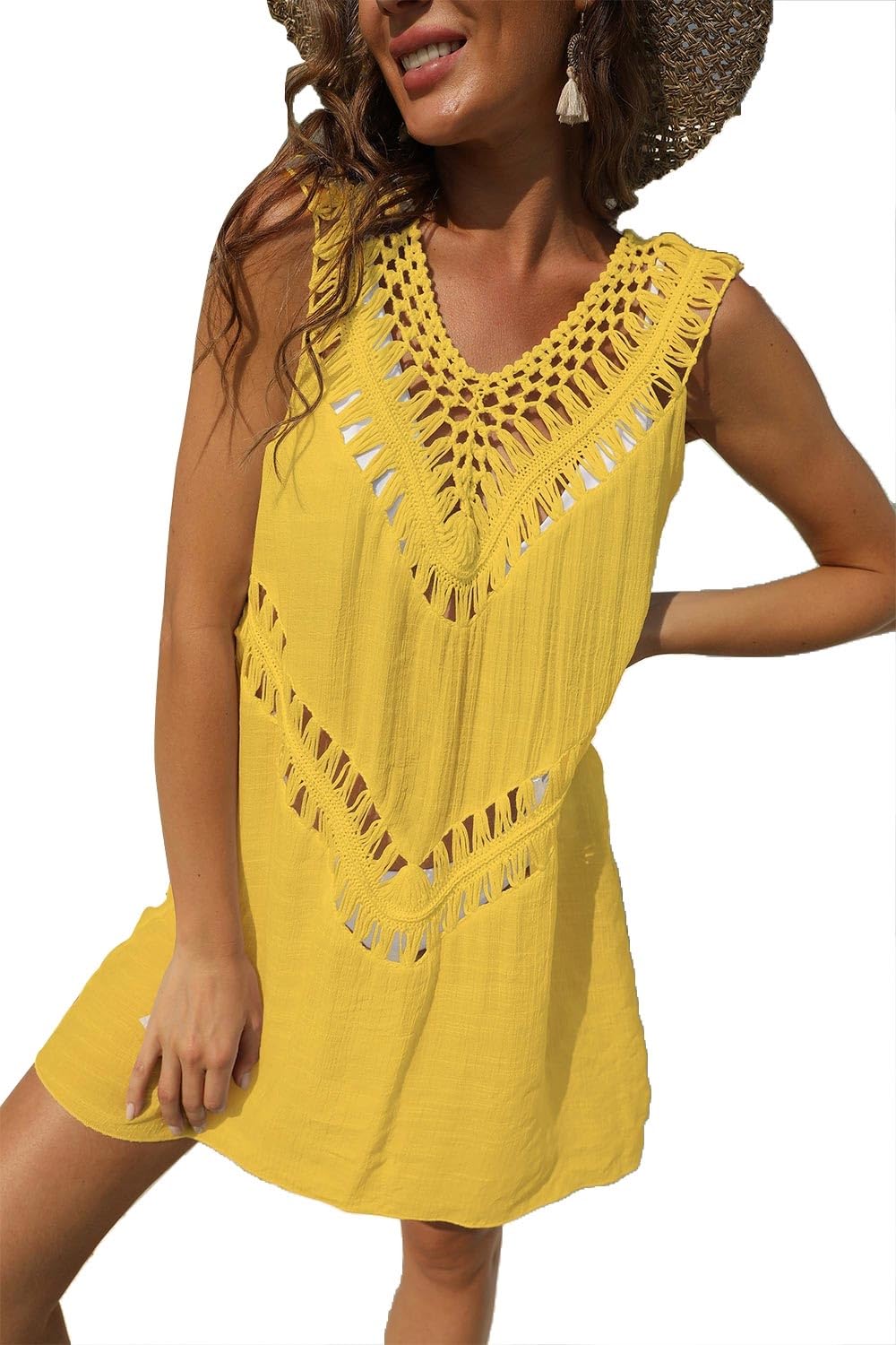 Yutdeng Vestido Playa Mujer Pareos Playa Mujer Crochet Traje de Baño Cubrir Suelto Vestidos Cortos sin Mangas Cubre Bikini Hollow out Camisolas Ganchillo Vestido de Baño V Cuello Sexy Bikini Cover Up
