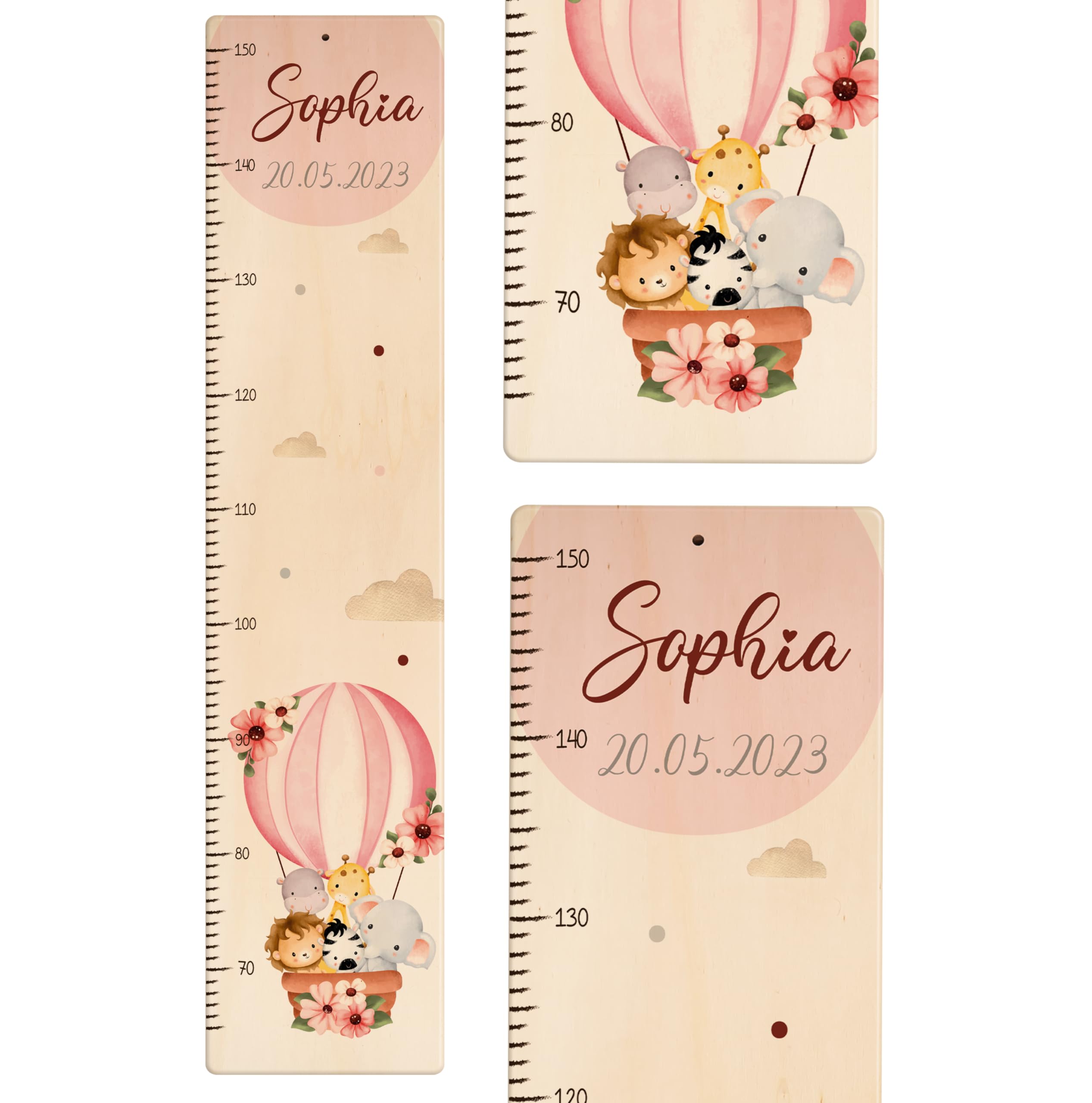 Kidsmood - Personalisierte Messlatte Kinder Holz – Hochwertige Messleiste & Wand-Deko für Kinderzimmer mit abenteuerlichem Ballon mit Tieren – Tolles Taufgeschenk für Mädchen & Jungen (65-140cm)