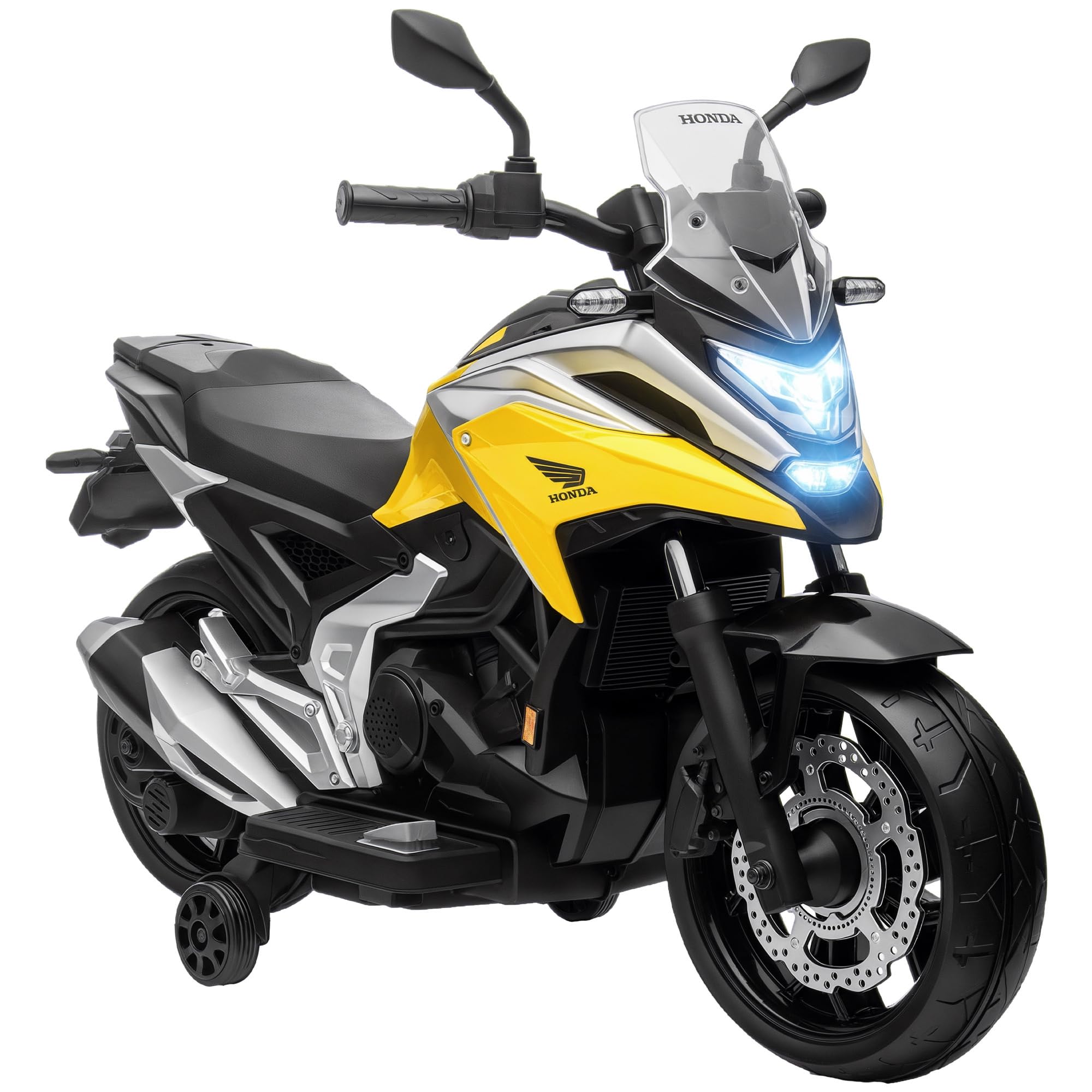 Aiyaplay 370-319V70yl Honda Licensed 12V Kids Electric Motorbike, Ride On Motorcycle With Music, Headlights, Early Education Function, 2 Training Wheels, For 3-6 Years - Yellow