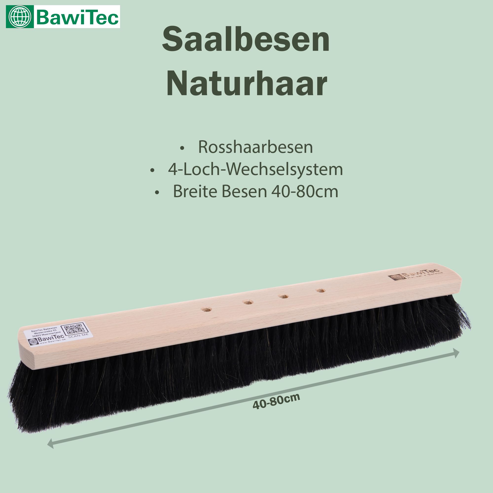 Sehr weicher Rosshaar Besen Saalbesen 80cm mit 4-Loch-System Stiel Alustiel | 4-Loch Wechselsystem, Aluminiumstiel 145cm, Sehr weiche Borsten, Für glatte Böden, Innenraum