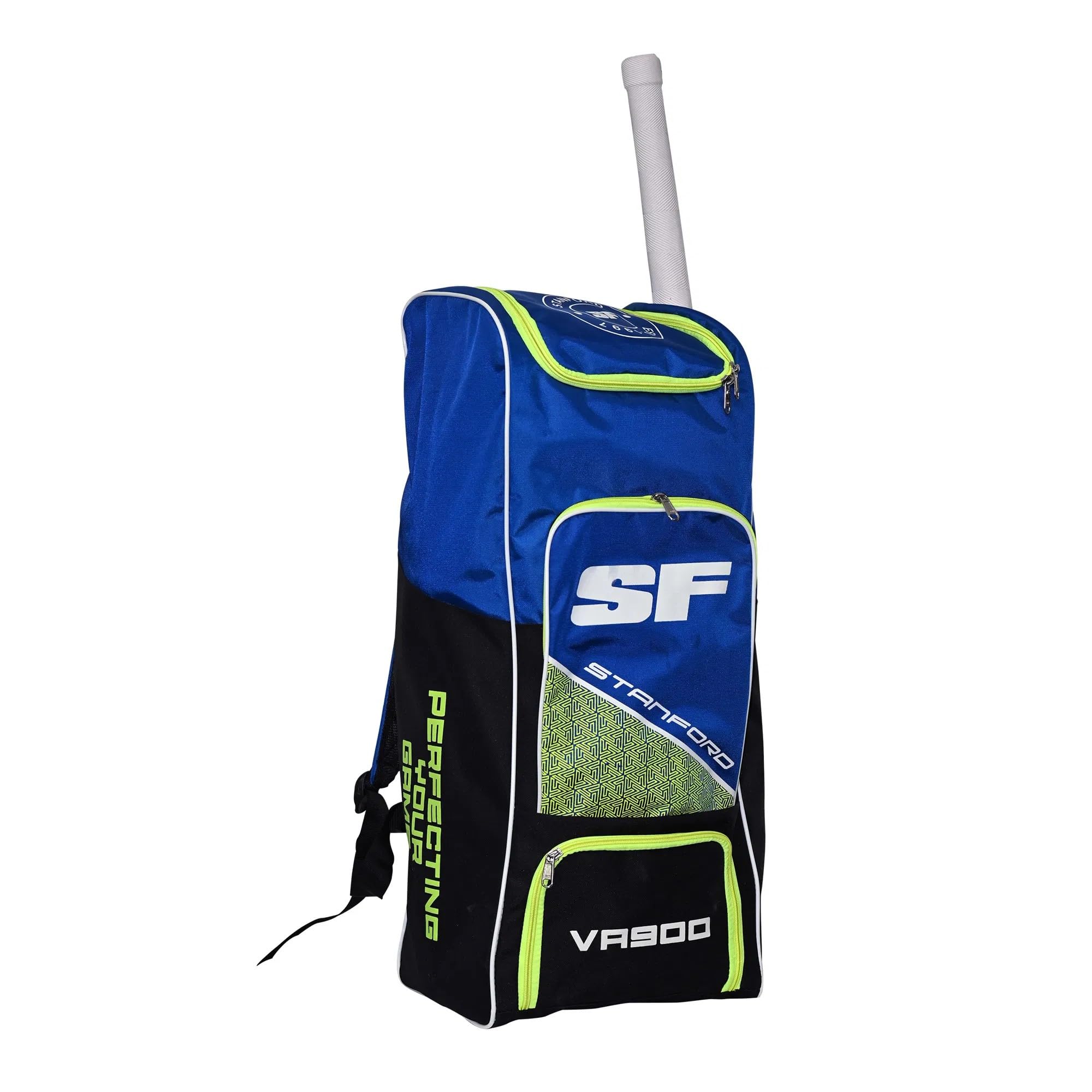 SF VA900 Cricket Duffle Bag, Professional Sports Equipment Bag, Black and Blue with Neon Green Trim-image-16