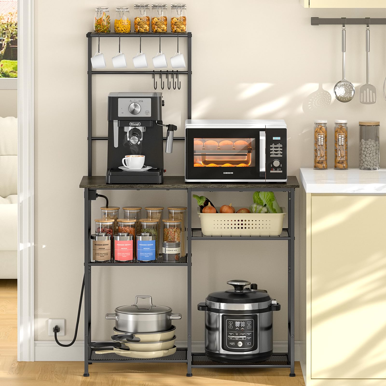 Bakers Rack with Power Outlet, Kitchen Microwave Stand