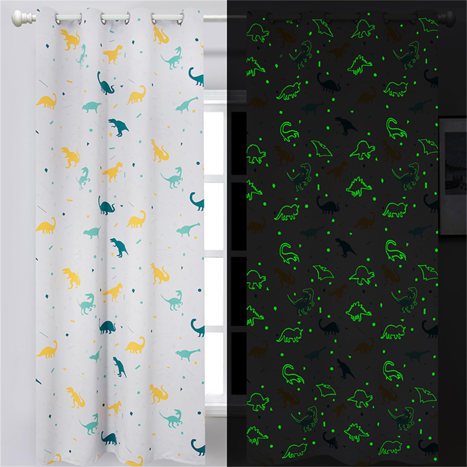 Dinosaur Curtains for Boys Bedroom Glow in the Dark Cartoon Rod Pocket Kids Boys Girls Simple Childish Cute Dino Wildlife Animals Pattern Window Drapes Nursery Bedroom Playroom Living room 2 Panels