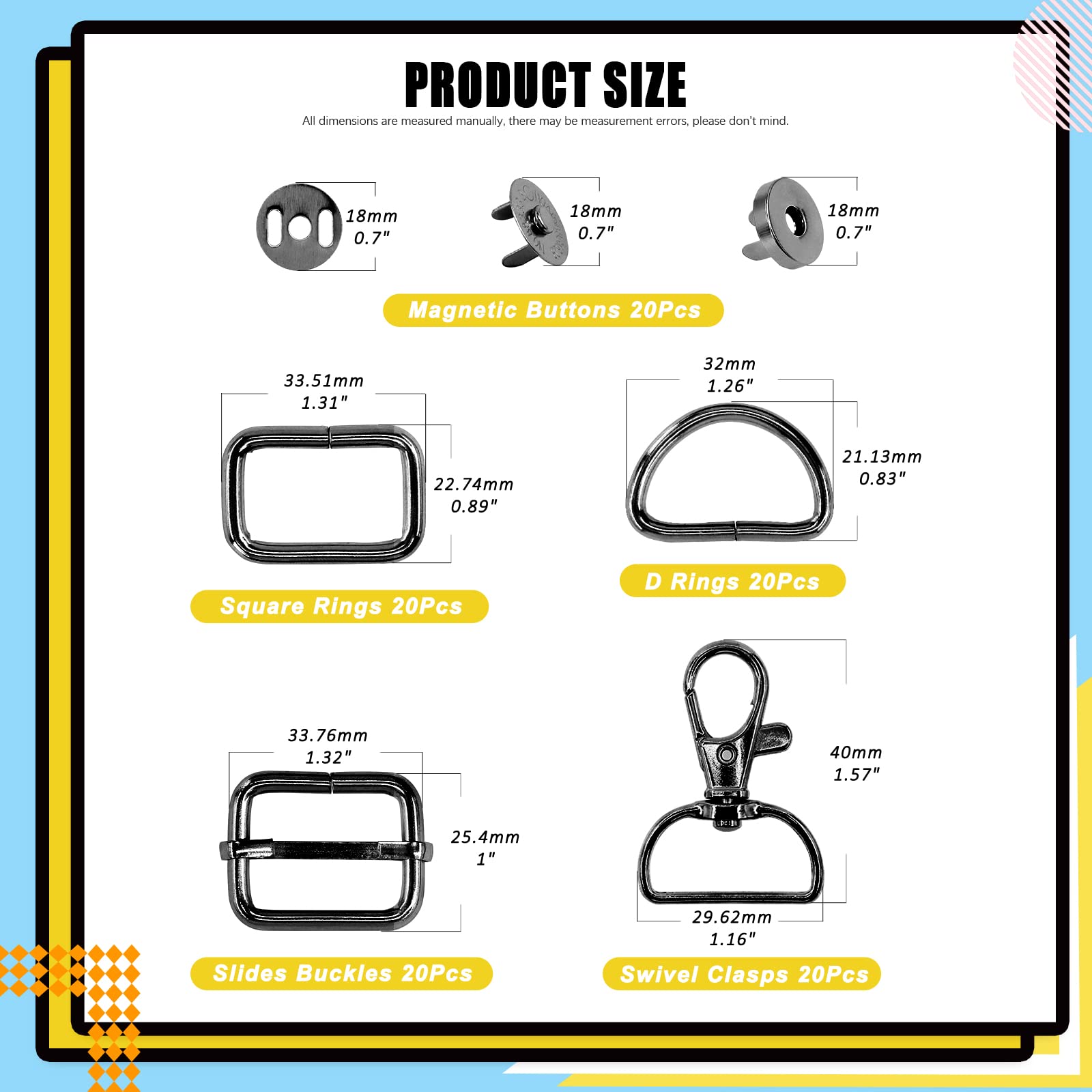 Mardatt 100 PCS Hardware Buckles Kit Including D-Ring,Triangle Slide Square Rings Magnetic Snap Swivel Clasp Hooks for Handbag Strap - Image 2