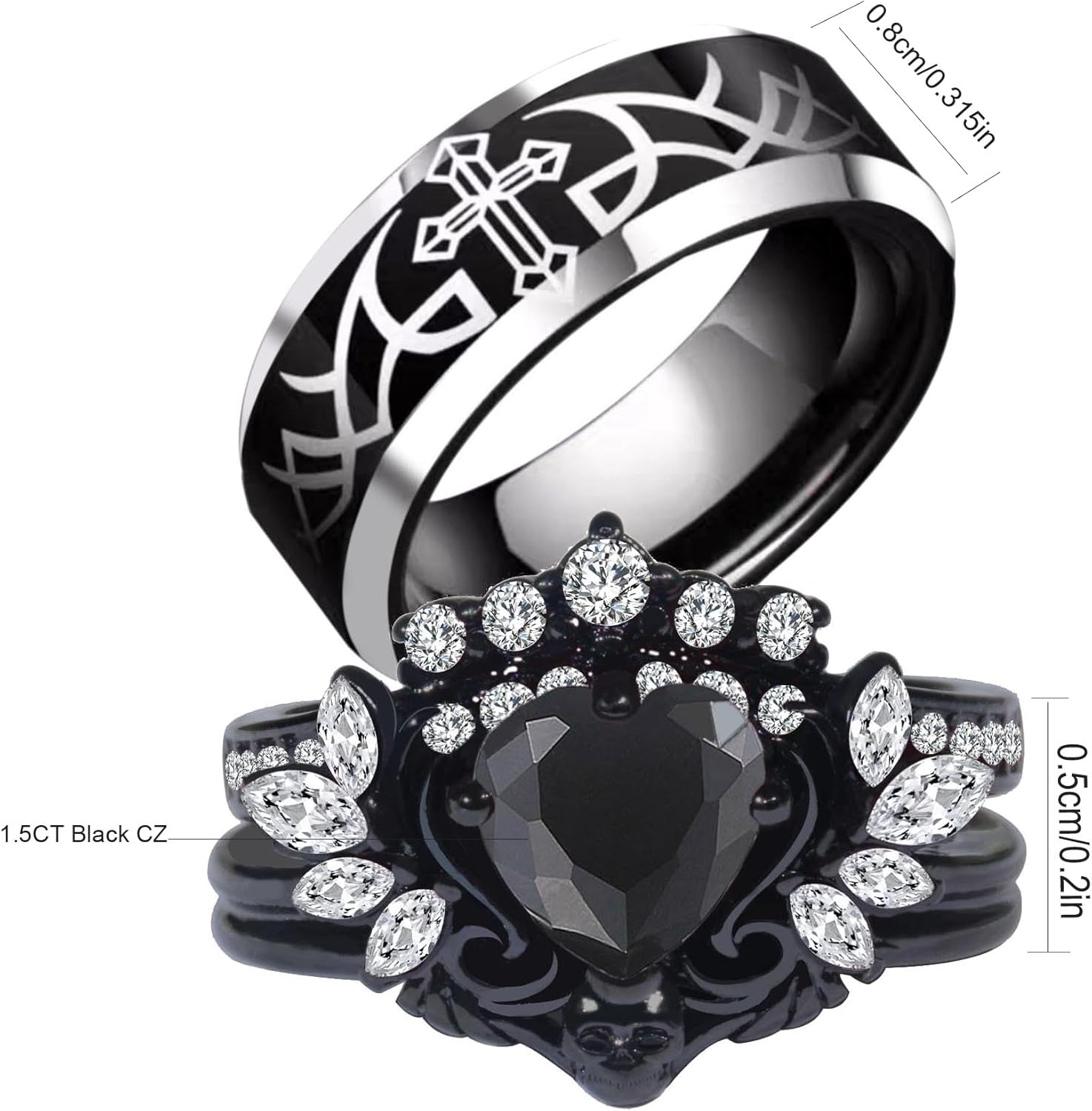 Punk Skull Rings Black Plated Couple Rings Cross Wings 1.5CT Heart Black CZ Wedding Ring Sets