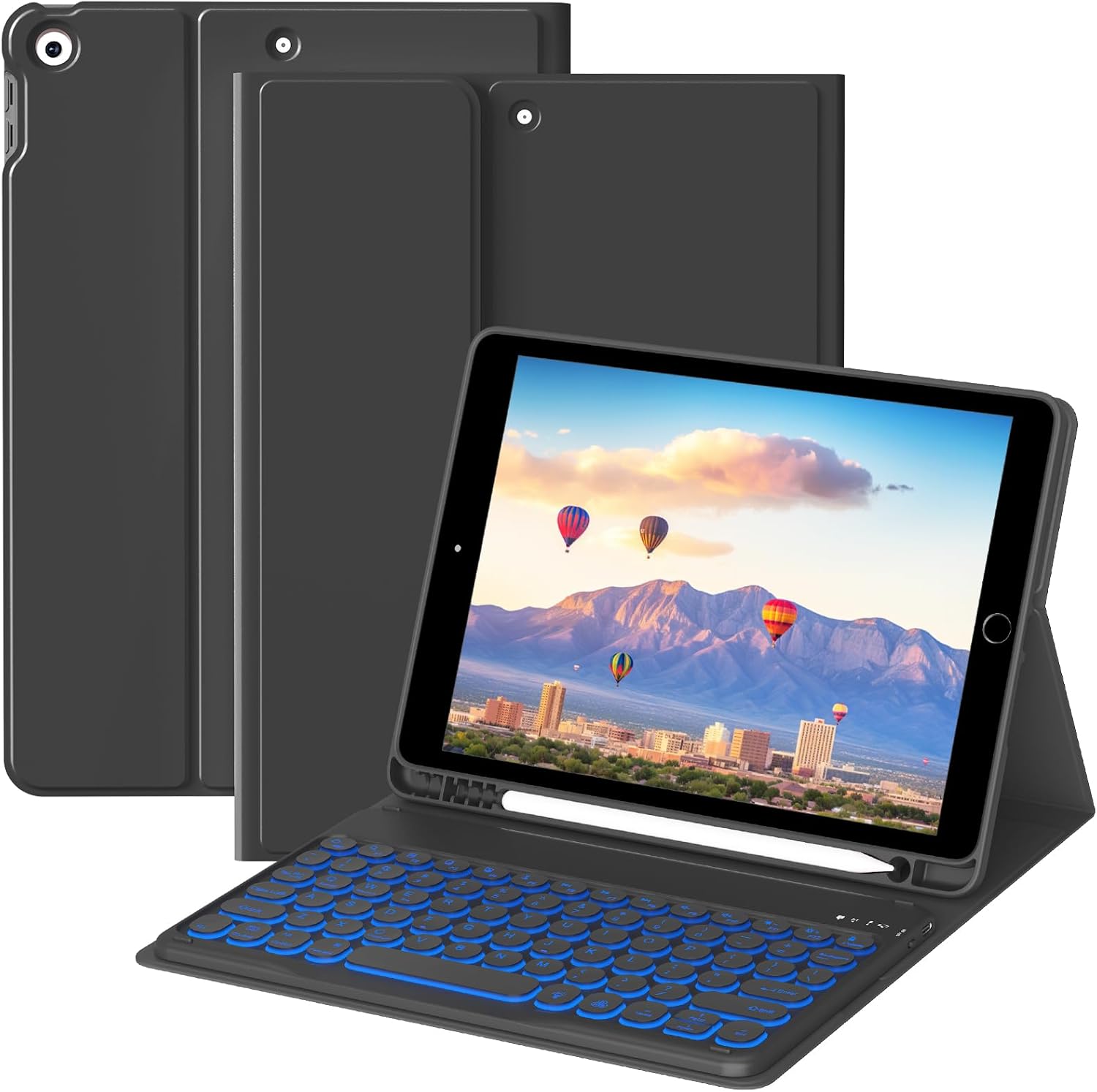JKSML Keyboard Case for iPad 9th/8th/7th Generation(2021/2020/2019) 10.2 Inch, Case with 7 Colors Backlit Detachable Keyboard Soft TPU Back Folio Stand, Built-in Left Side Pencil Holder, Black