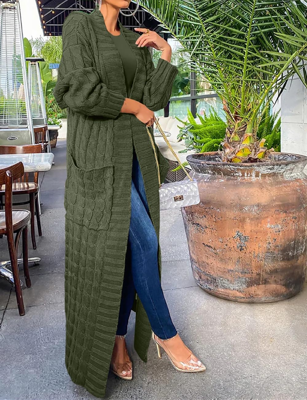 Womens Thin Stylish Cable Knit Dual Extra Long Maxi Cardigan with 2-Pockets - Image 5