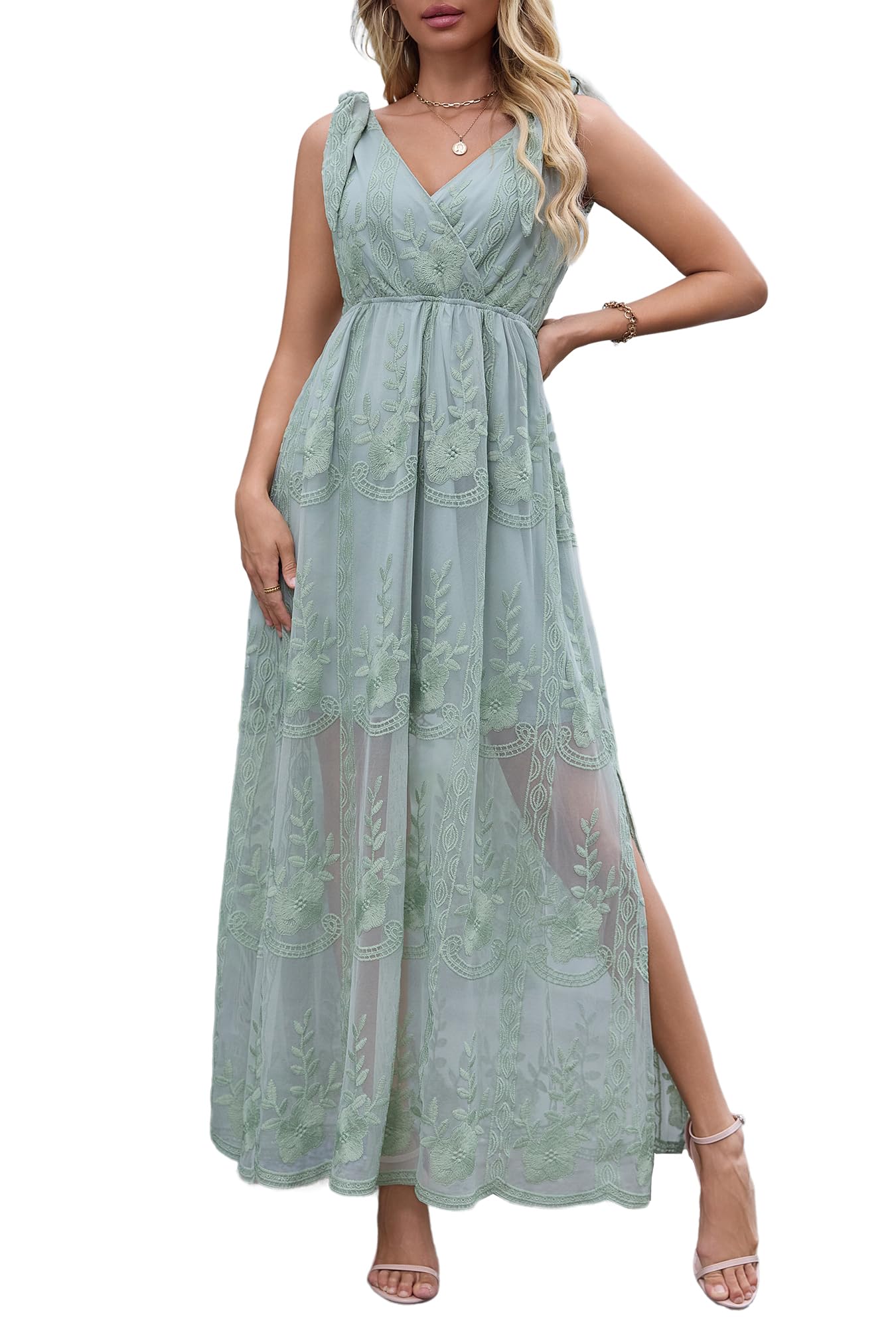 MERMAID'S CLOSET Women V Neck Tie Strap Embroidered Lace Maxi Wedding Dress Sleeveless V-Back Boho Brides Bridesmaid Wedding Guest Party Dresses Sage Green, Small