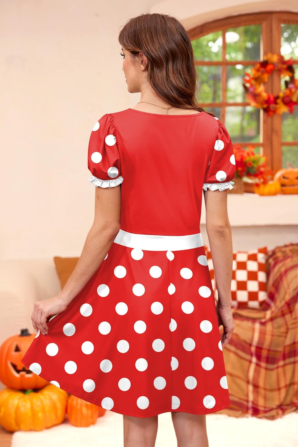 Womens Halloween Flatter Ruffled Cuffs Tunic Dress Cosplay Mini Party Holiday Aline Costume Polka Red XL - Image 6