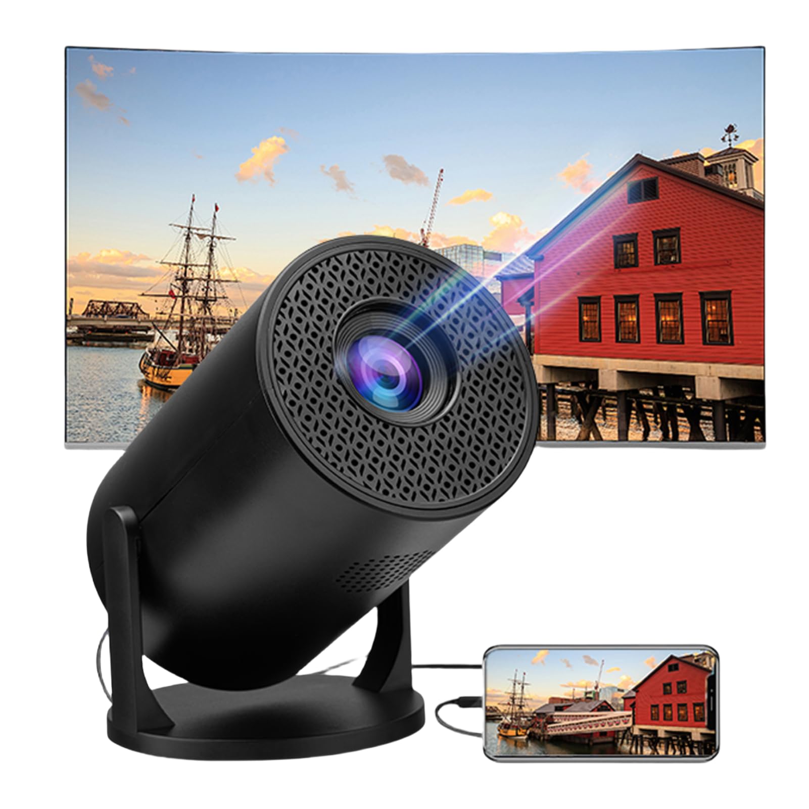 Mini Projektor, Przenośny Projektor 1080P Full HD z technologią Wireless Fidelity, Obrotowy o 270°, Mały Projektor Kina Domowego o Przekątnej 150 Cali