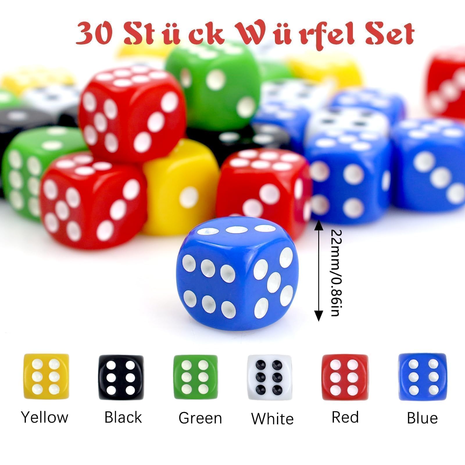 30 Pezzi Dadi Colorati a 6 Facce,22mm D6 dadi in acrilico ,6 Facce Game Dice a cubetti in acrilico con sacchetto a cubo nero,per Poker,Giochi da Tavolo, Giochi con Dadi e Matematici ,poker