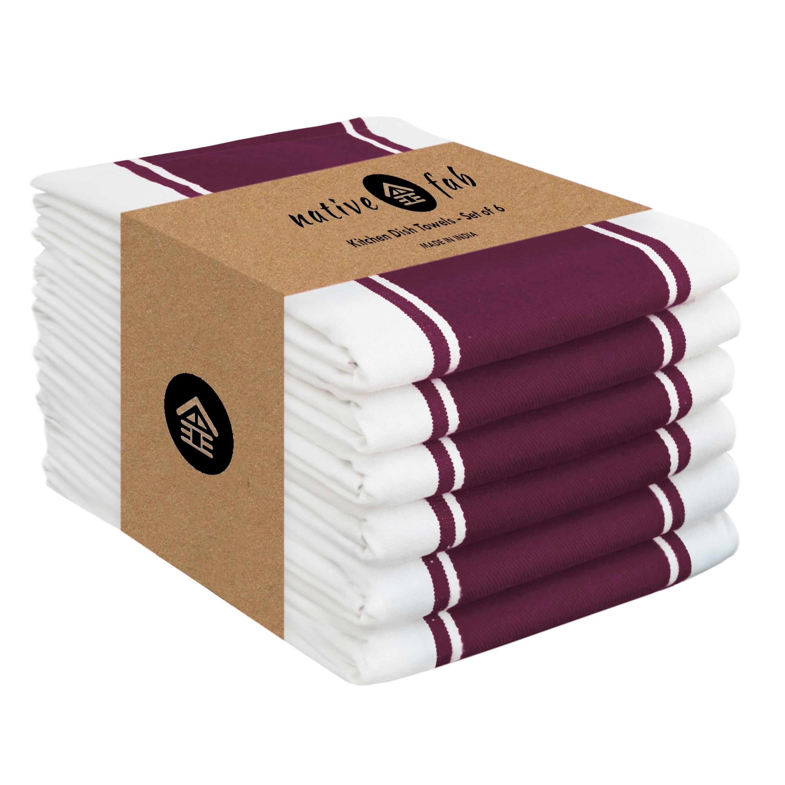 Native Fab Kitchen Towels 18 x 28 Inch, Set of 6, Wide Stripe, Super Absorbent, Quick Dry, Soft, 100% Cotton Dish Towels for Wiping Hands, Drying Dishes, Cleaning Dishcloths Set - Burgundy (Maroon)