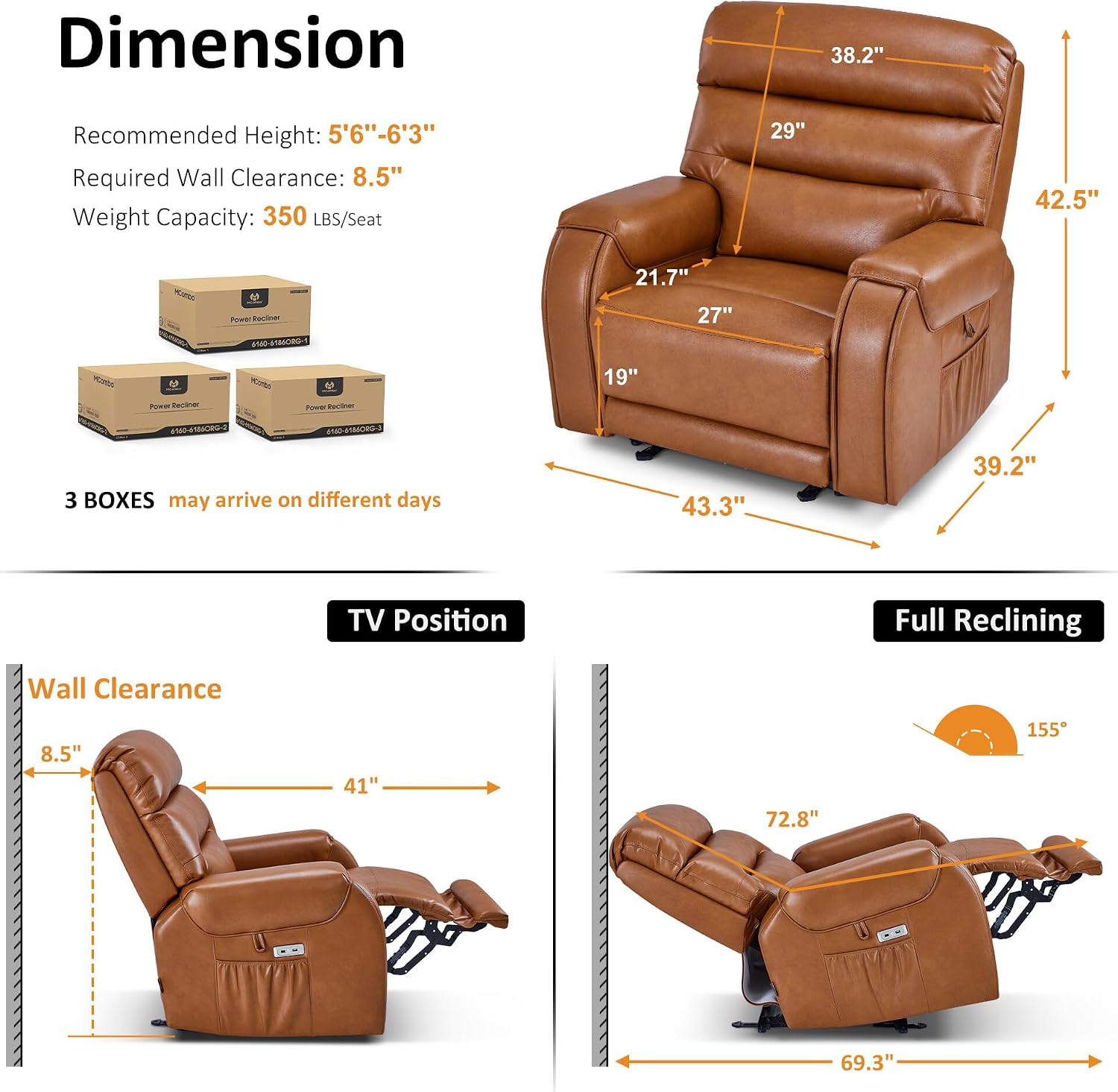 MCombo Oversized Power Recliner Chair with Adjustable Headrest for Big and Tall, Zero Gravity Recliner with Heat and Massage, USB & Type C Ports, Cup Holders for Living Room 6186 (Orange)