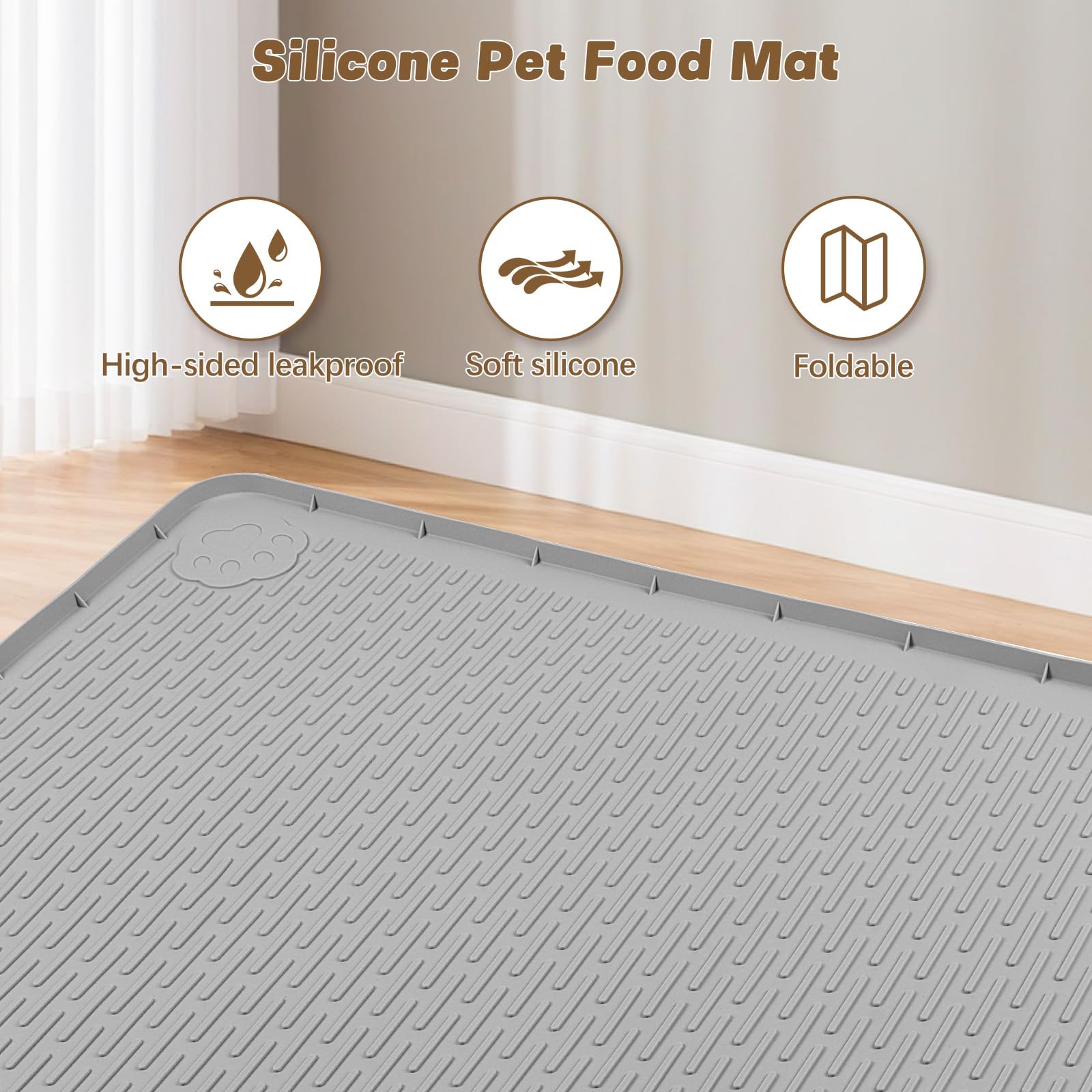 Tappetino per cibo per gatti, 127 x 89 cm, extra large, in silicone, con bordo rialzato, per cibo e acqua, antiscivolo, facile da pulire, protezione per il pavimento (grigio)