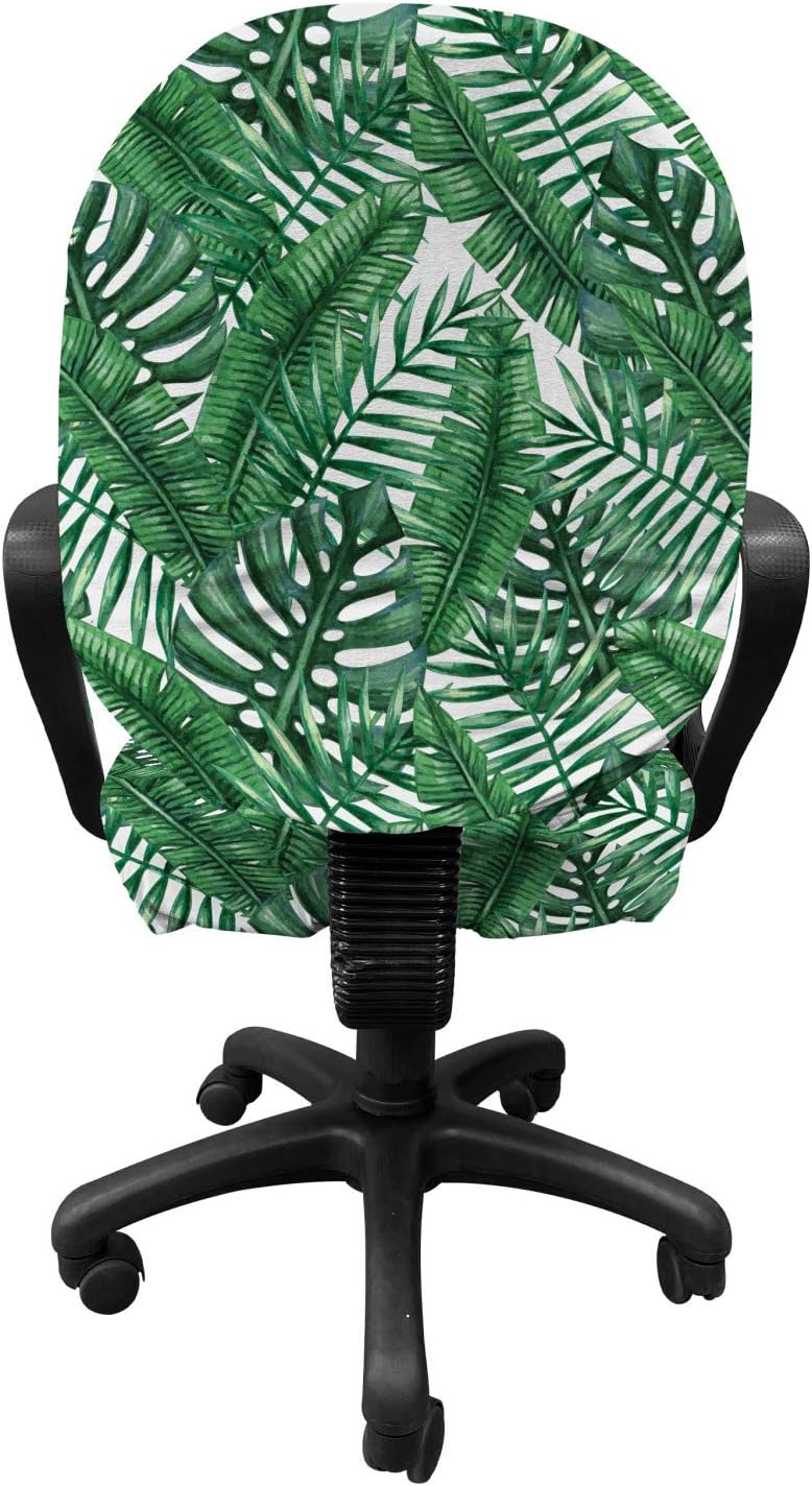 Ambesonne Palm Leaf Office Chair Slipcover, Watercolor Artwork of Palm Tree Leaves Fresh Jungle Rainforest Plants, Protective Stretch Decorative Fabric Cover, Forest Green White