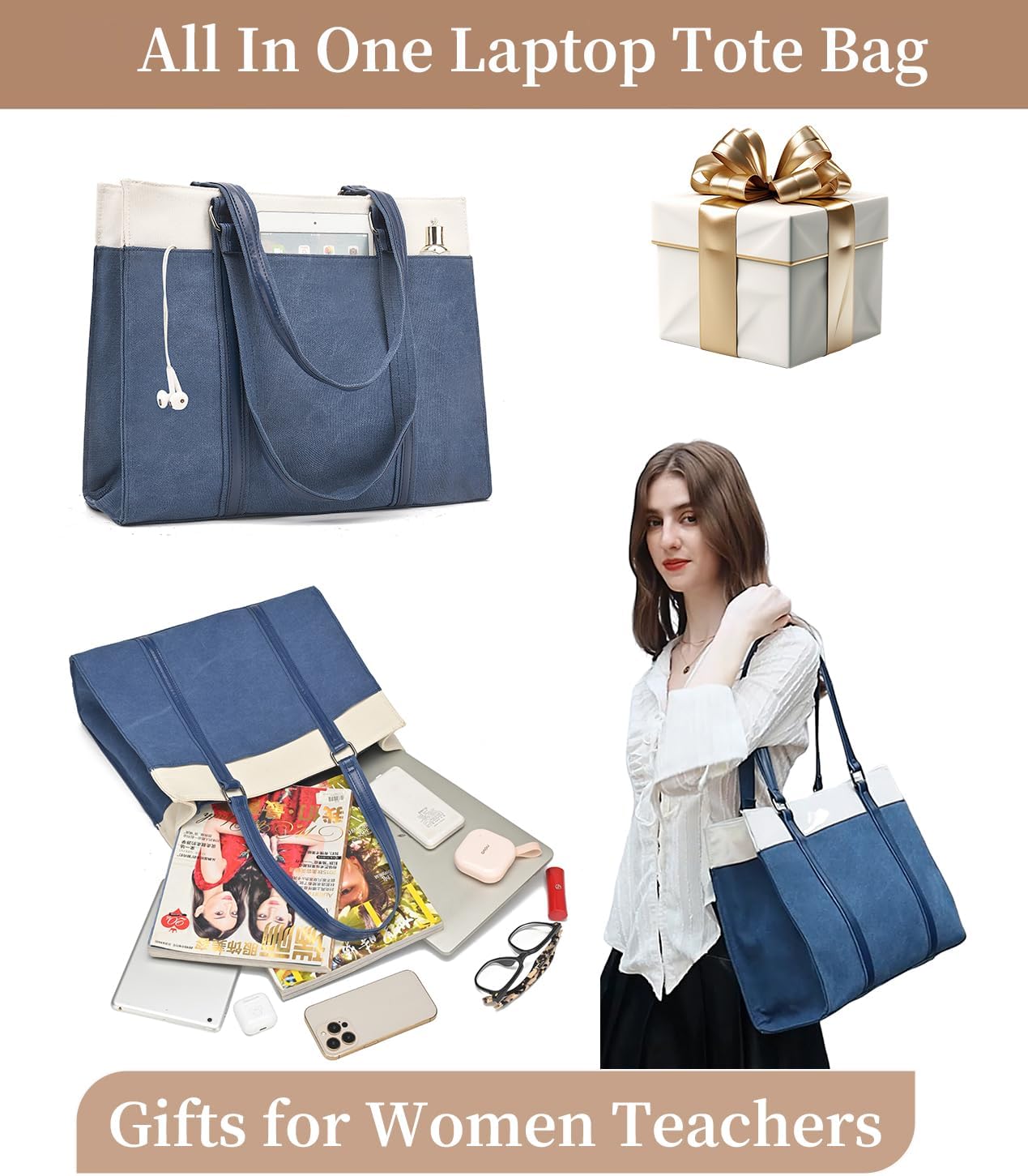 Barsine Women Laptop Tote Bag for Work Lightweight 15.6 Inch Canvas Two-Tone Satchel Handbag Purse - Image 4