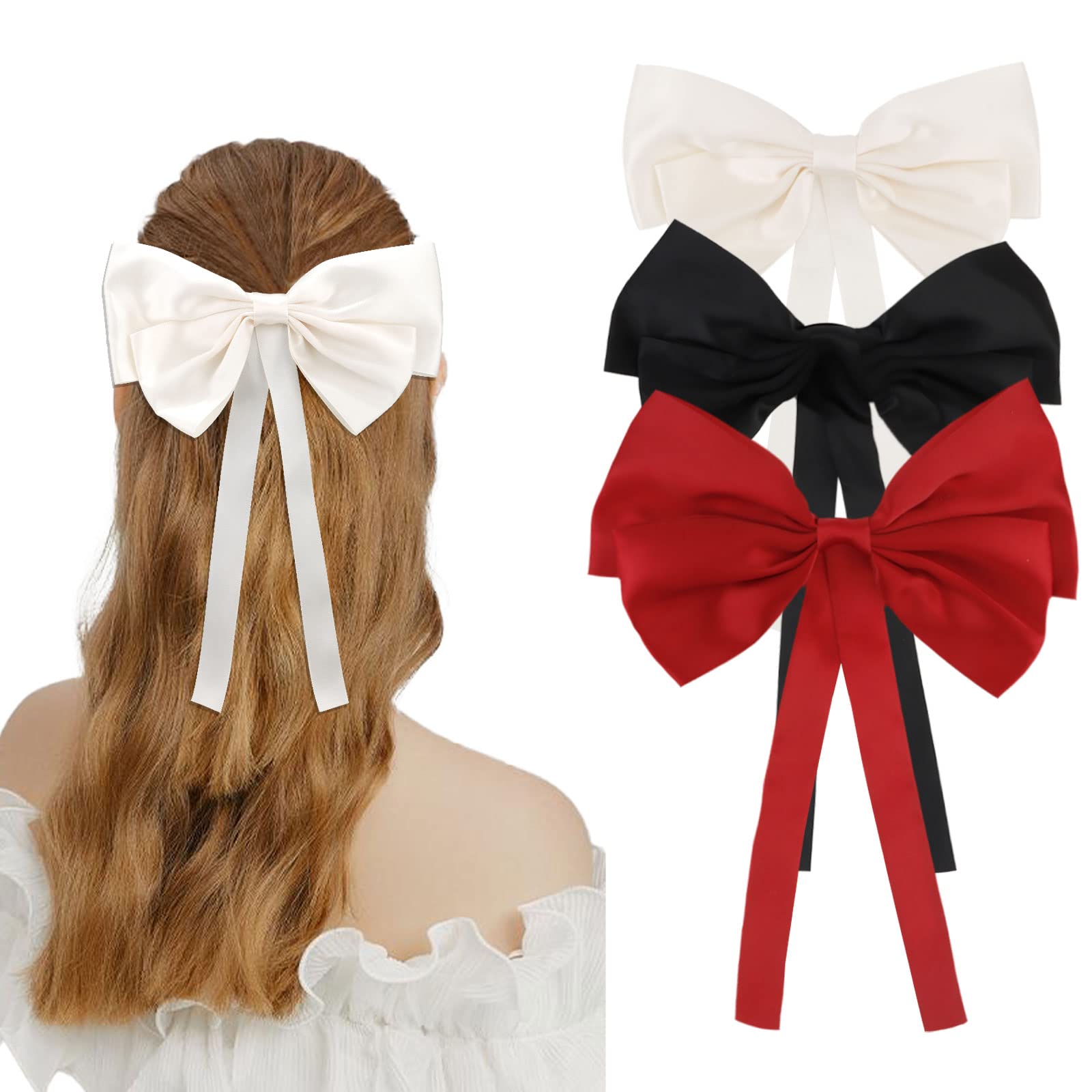 ACO-UINT3 Pack Bow Hair Barrettes for Women, Silky Satin Bow Hair Clips for Girls Large Hair Bows, French Barrettes Cute Hair Clips Hair Accessories for Women