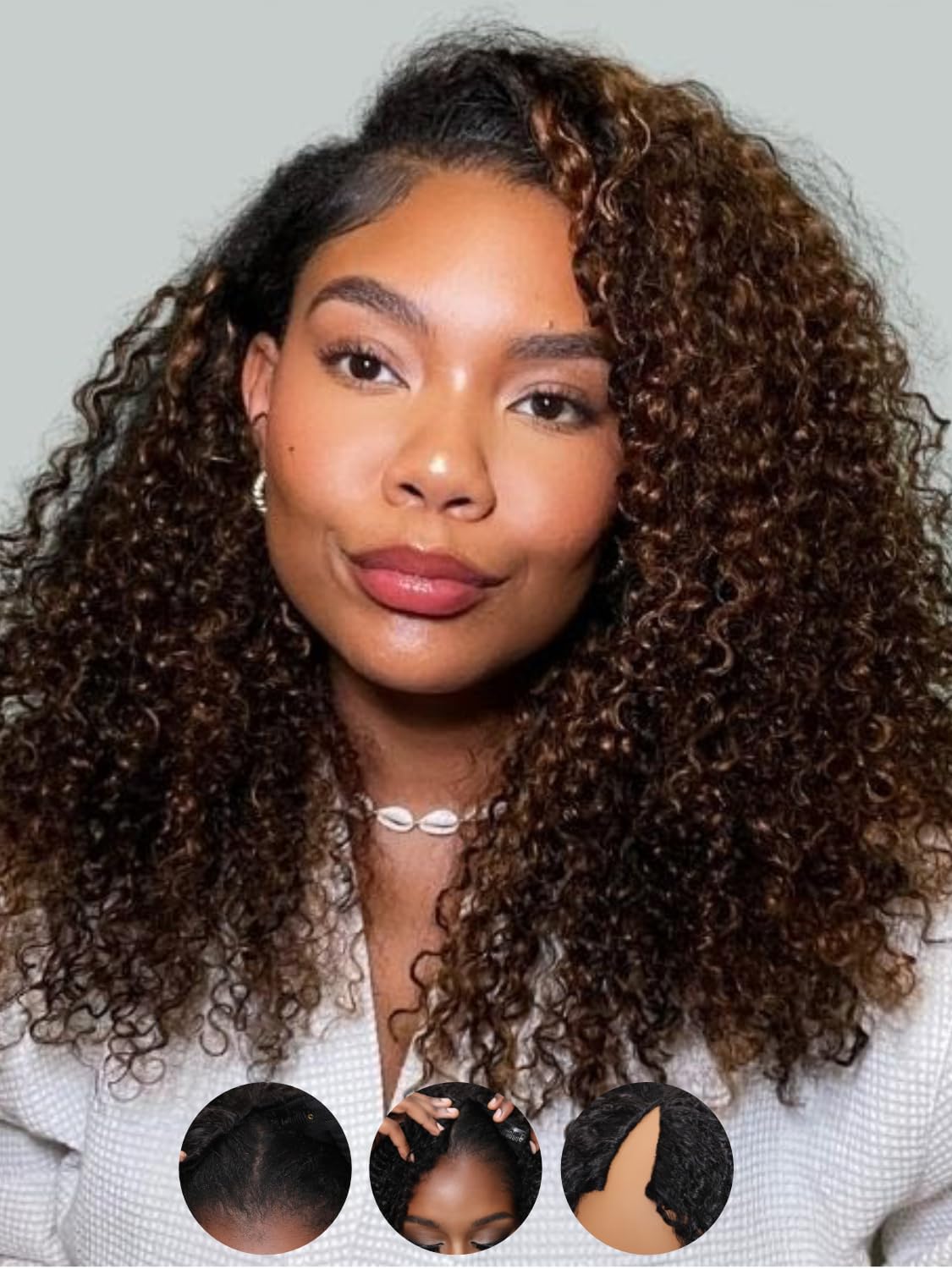 Sunber EasiContour V Part Human Hair Ombre Chestnut Brown Curly Glueless Wig Upgrade Vpart Wigs No Leave Out No Gel 180% Density V Shape Clip Wigs No