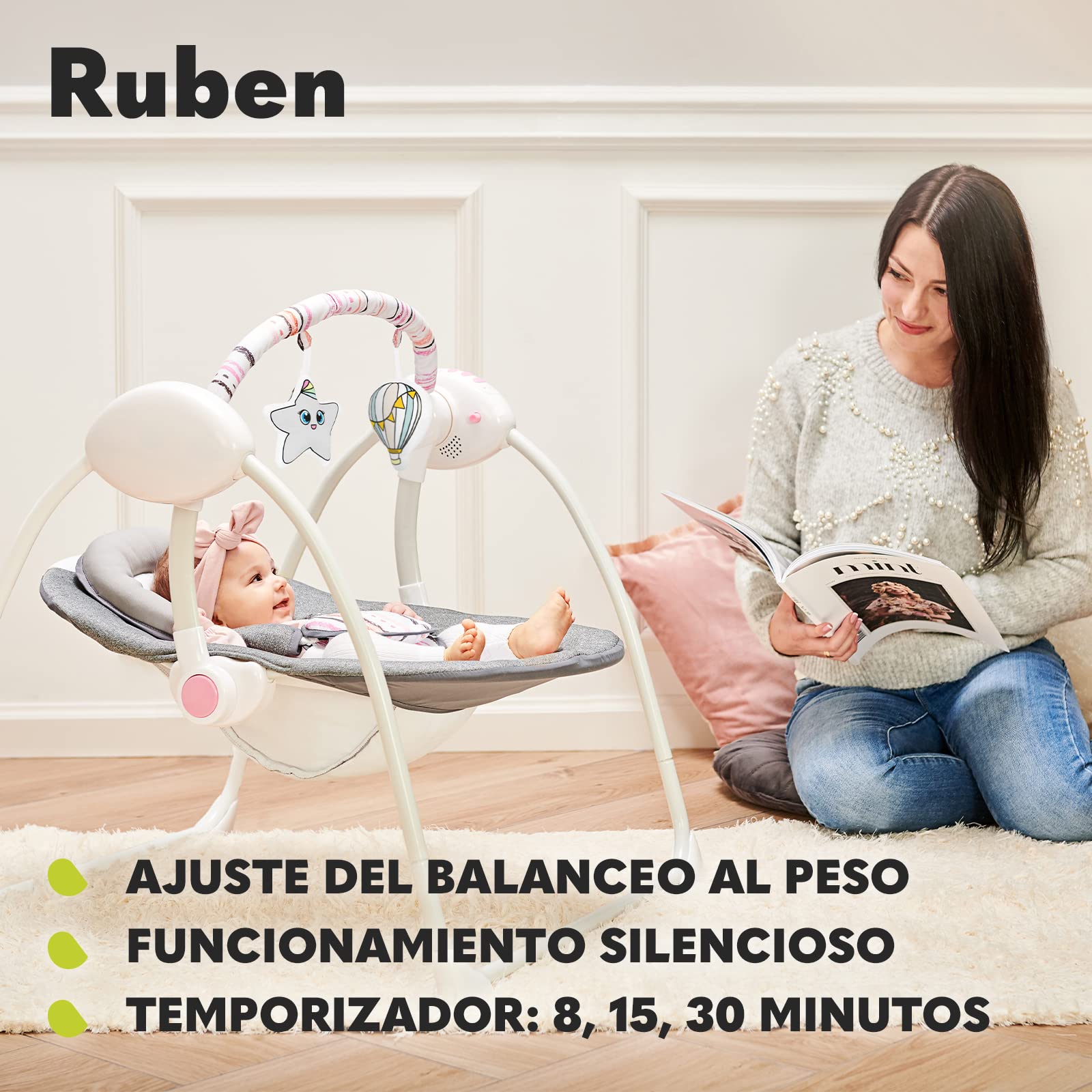 Lionelo Ruben Columpio-Hamaca para Bebé, temporizador | Niño, hasta 9 kg Regulación del Respaldo en 2 Niveles 5 Velocidades de Balanceo 12 Melodías