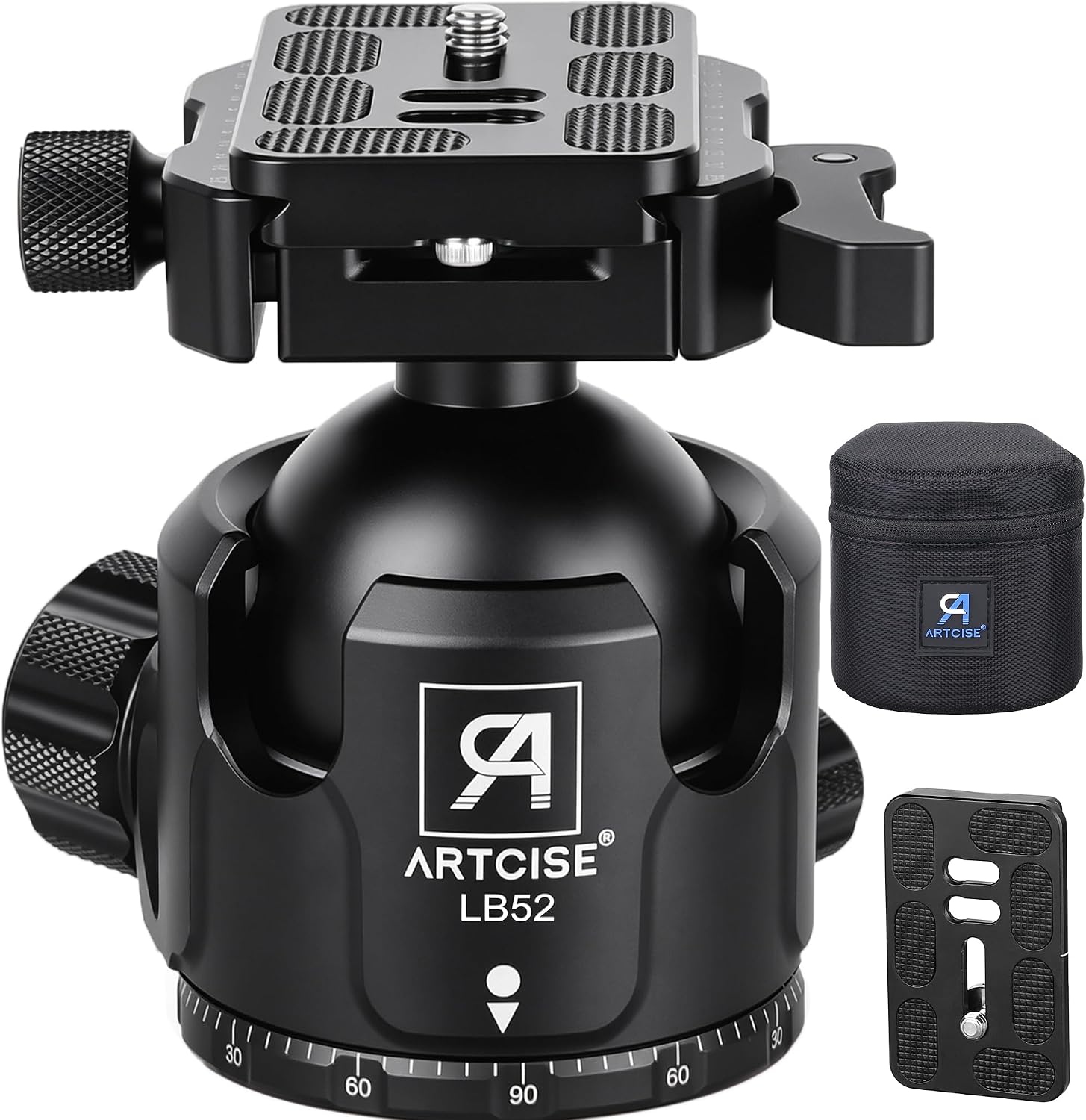 Low Profile Ball Head with Lever Release ARTCISE 52mm Heavy Duty Tripod Ball Head Mount with Two Arca Quick Release Plates for Tripod, Monopod, DSLR, Max Load 66lbs/30kg (All Black)