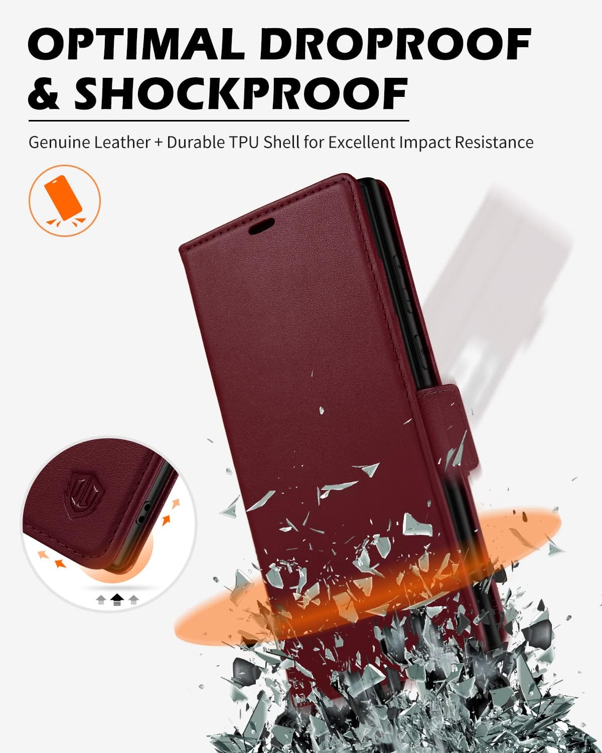 SHIELDON Case for Galaxy S23 Ultra 5G 6.8", Genuine Leather Wallet Case Kickstand RFID Blocking Credit Card Holder Magnetic Closure Shockproof Case Compatible with Galaxy S23 Ultra 2023 - Wine Red