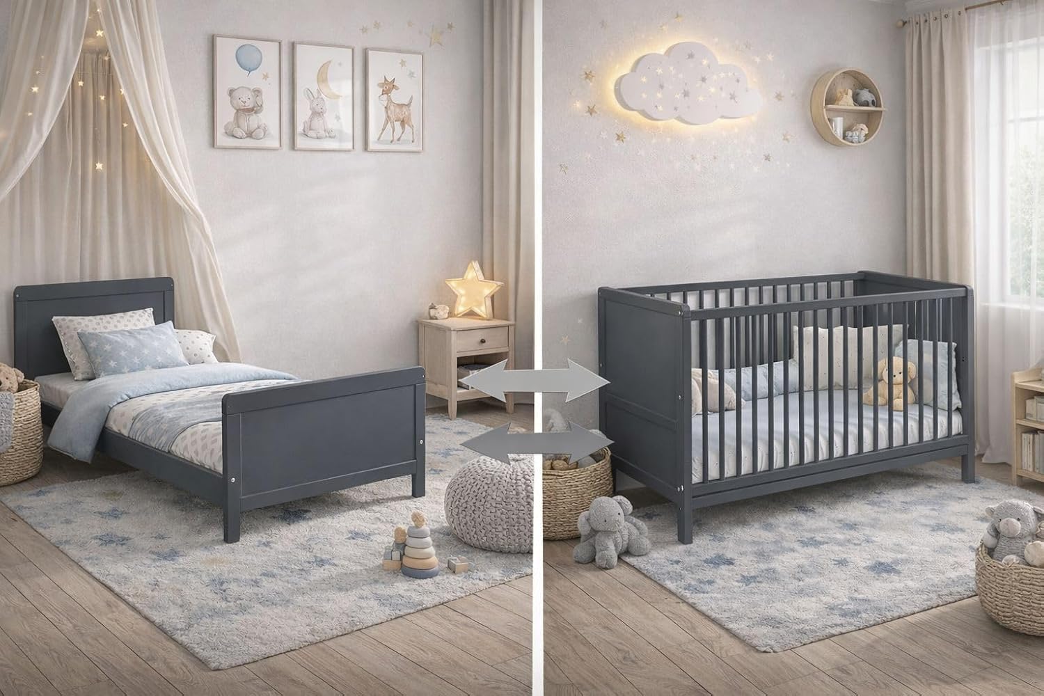 Lit bébé évolutif Nelly 120x60 cm en Bois de hêtre – Transformable en lit Junior – Sommier réglable – 3 barreaux Amovibles – en 716 (Gris)