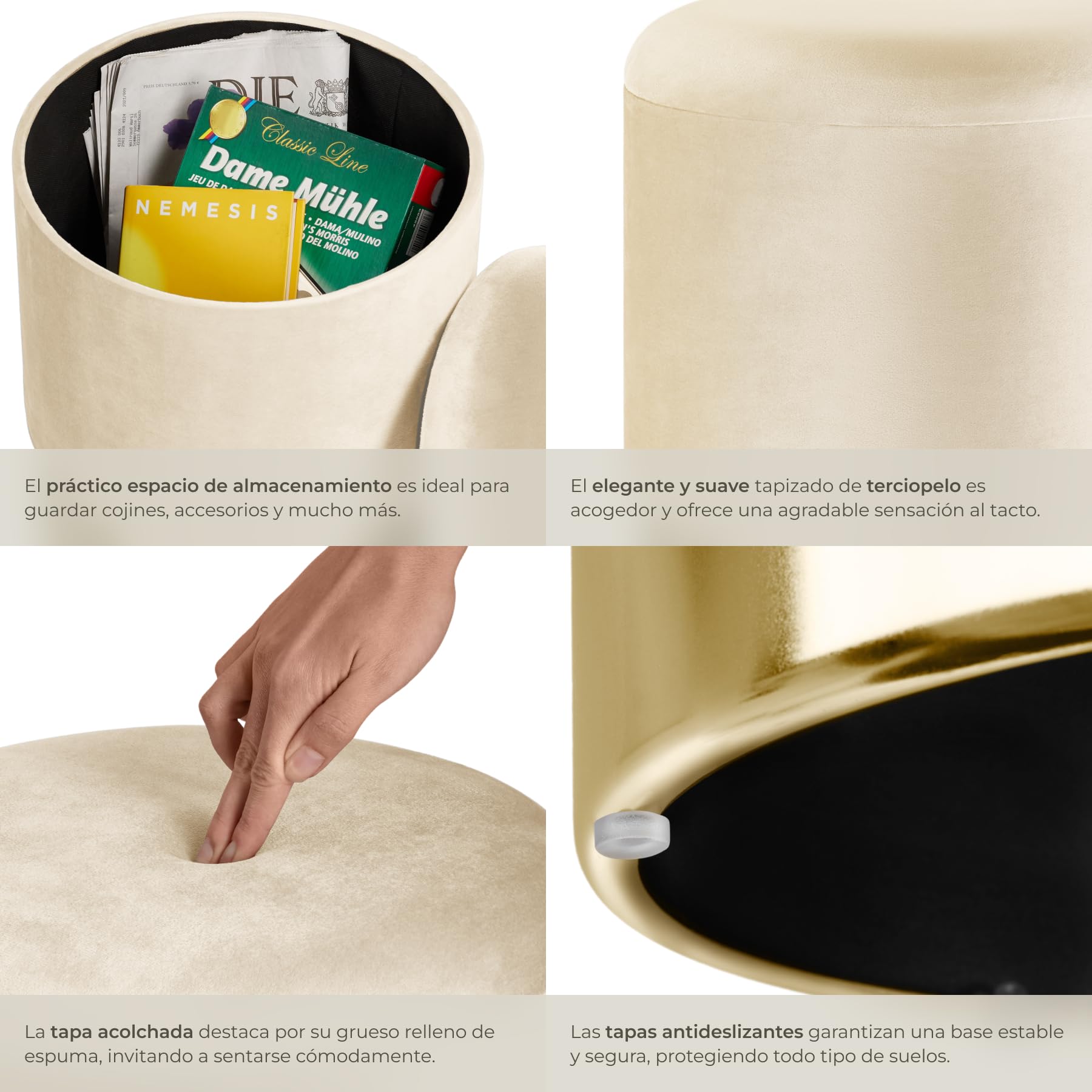 tectake® Taburete Tocador con Almacenaje para Dormitorio, Ideal Puff Almacenaje o Silla Tocador Maquillaje, un Mueble Auxiliar Dormitorio Práctico y Elegante - 36 x 36 x 44,5 cm Crema