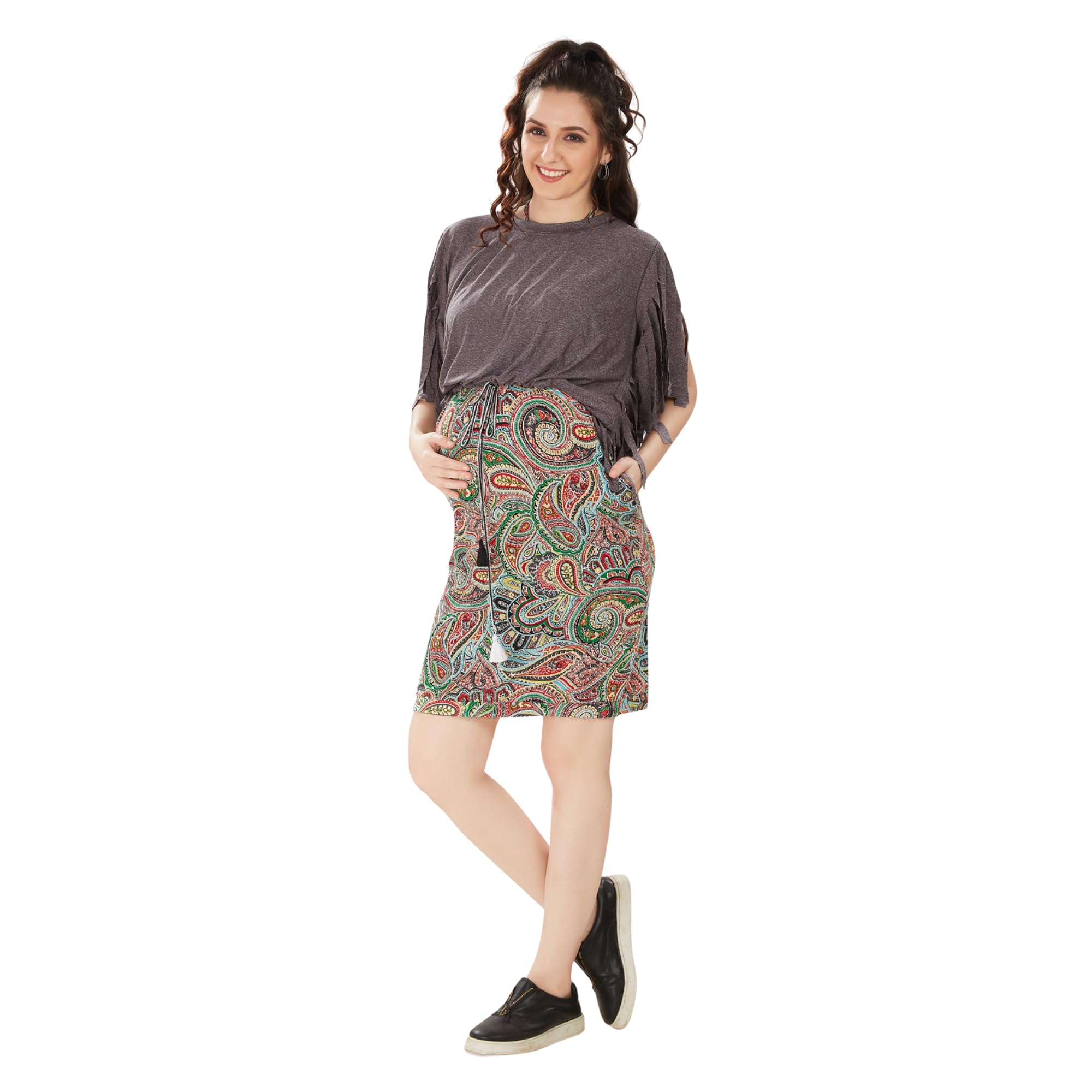 Multicolor Cotton Lycra Maternity Dress | Grey-picture-35