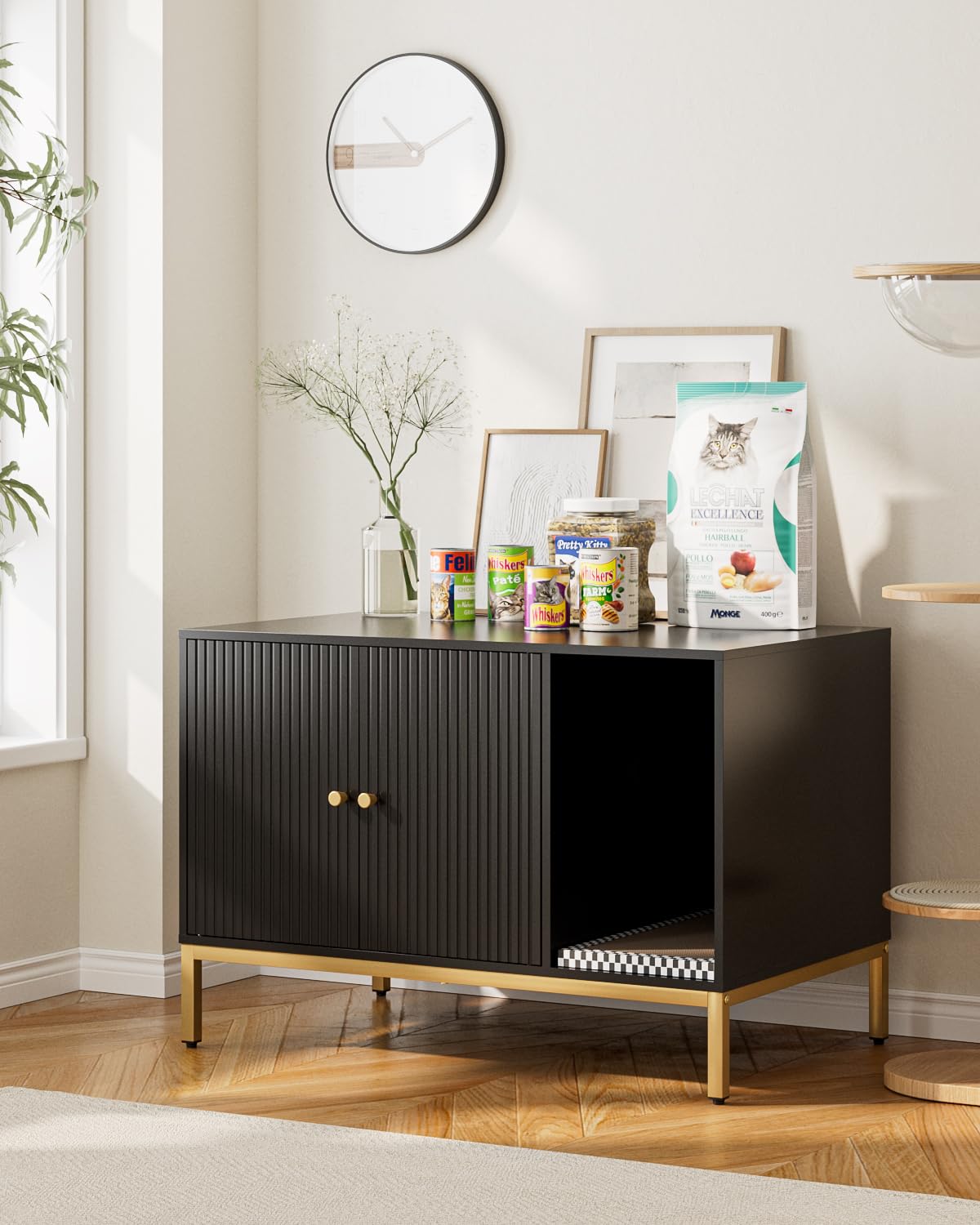 Cat Litter Box Enclosure, Modern Hidden Litter Box Furniture with Scratching Pad, Wooden Cat House Cabinet with Gold Metal Legs, Fit Most of Litter Box,Black and Gold - image 5