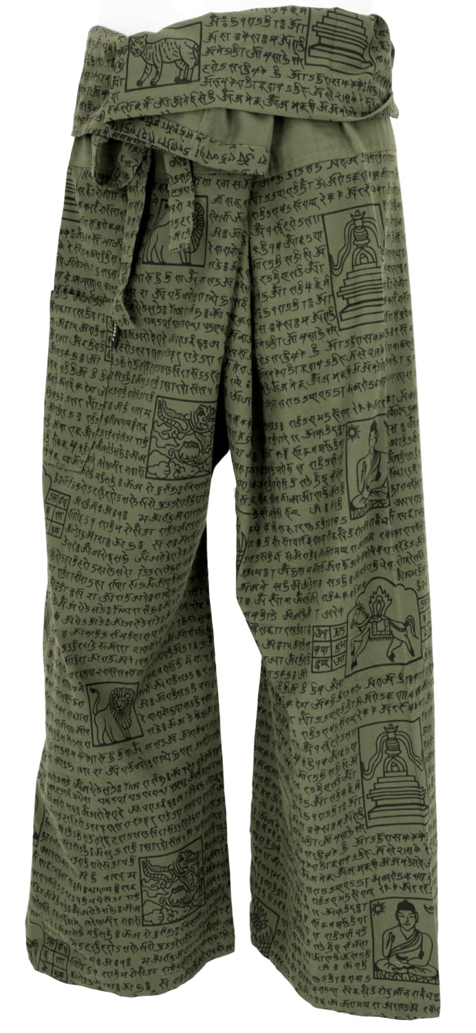 GURU SHOP Pantalones de pescador tailandeses con estampado de mantra de algodón tejido, pantalones de yoga, para hombre/mujer, verde, talla: talla única