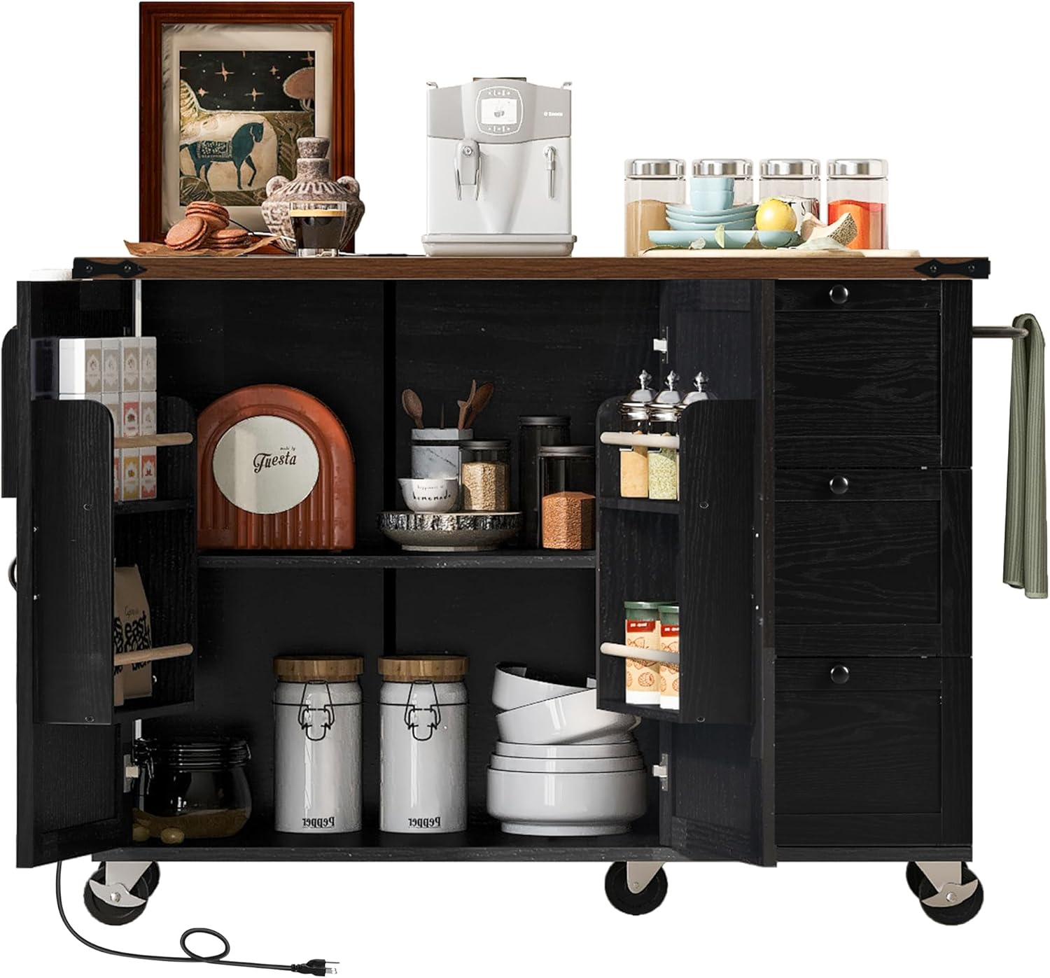 Bellemave 54.5" Farmhouse Kitchen Island cart with Charging Station, Rolling Kitchen Island Table with Drop-Leaf, 3 Drawers, Large, Black