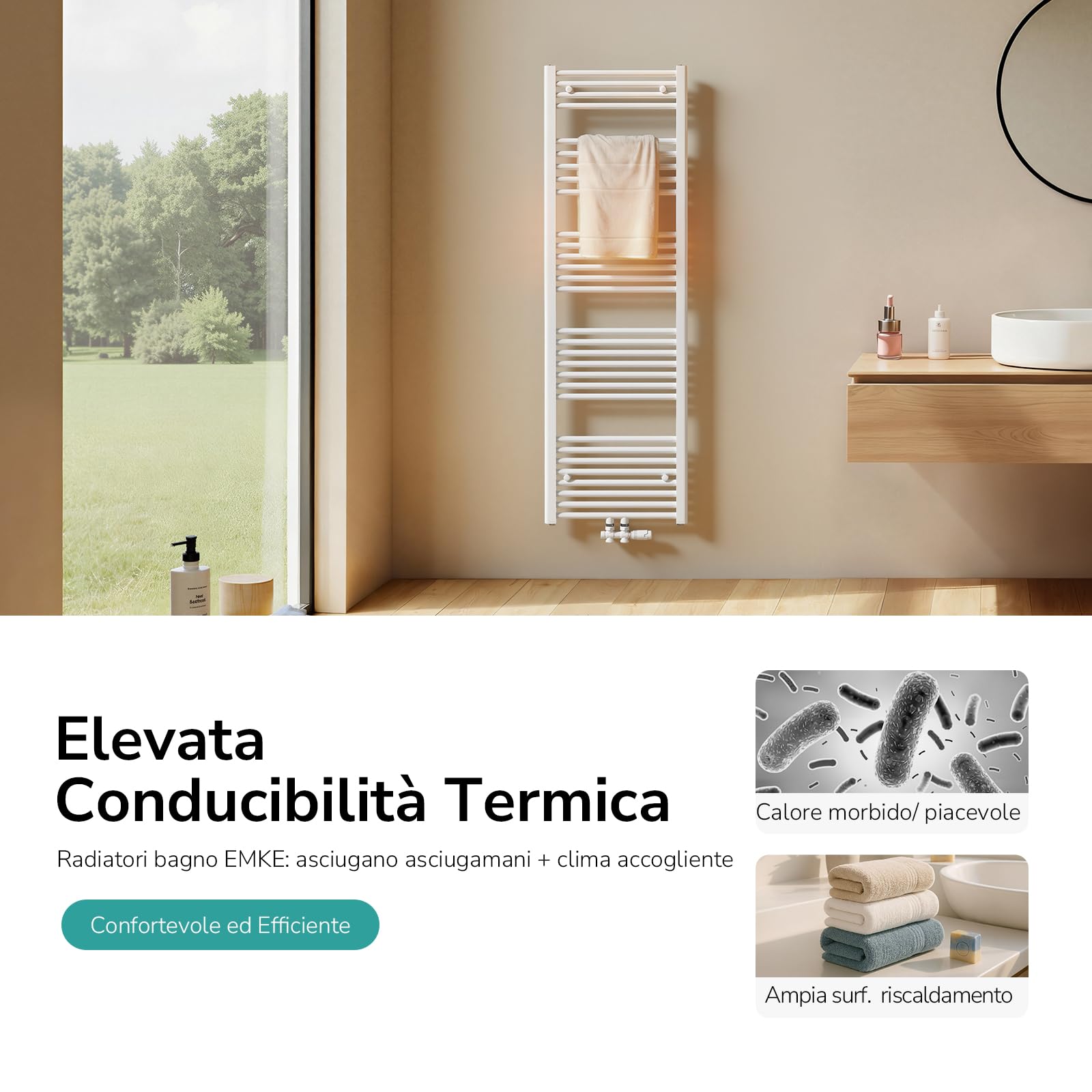 EMKE Scaldasalviette termoarredo, 120 x 50 cm, bianco colore, radiatore scaldasalviette ad acqua calda, termoarredo da bagno con collegamento centrale